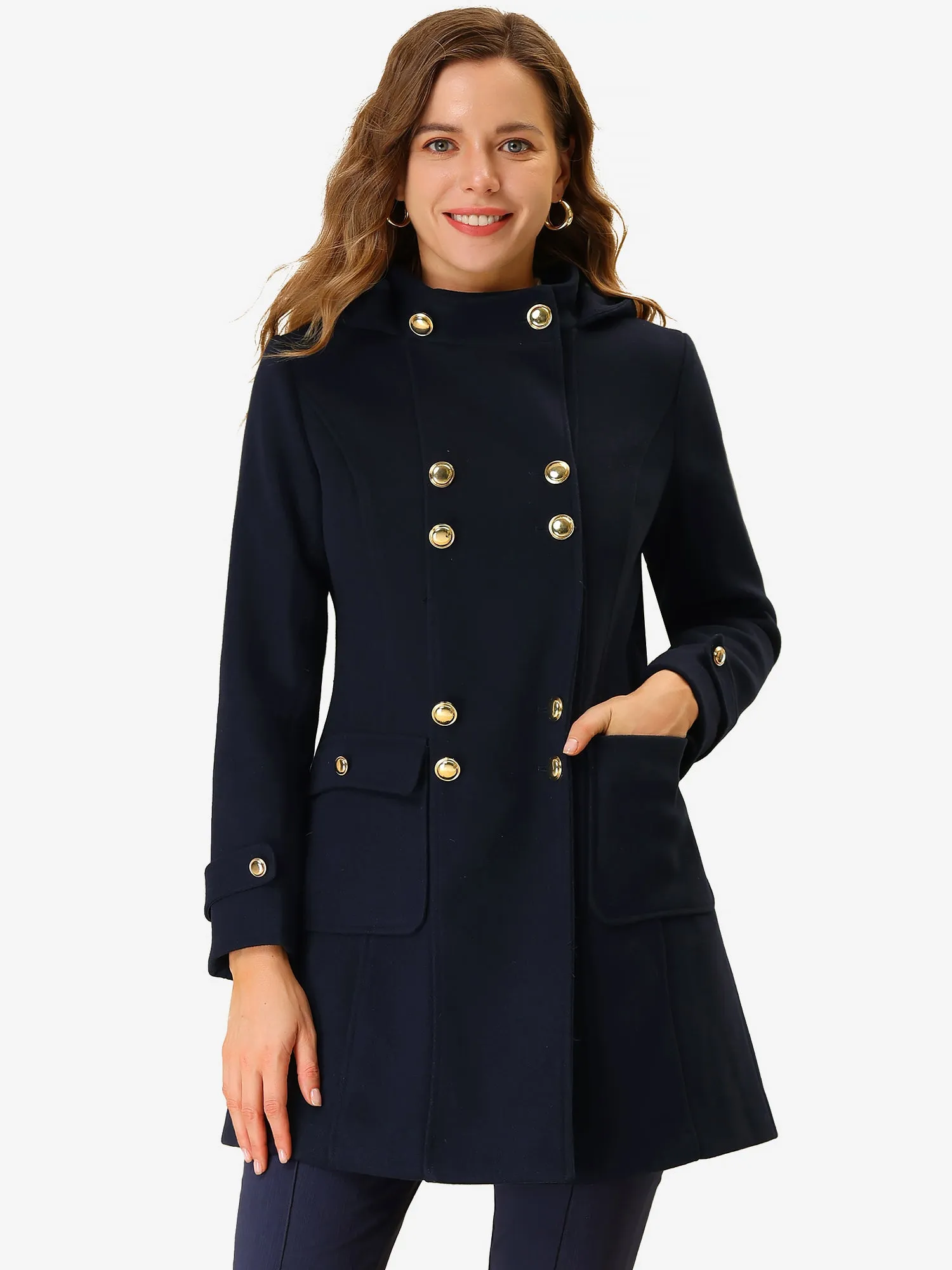 Stand Collar Double Breasted Hoodie Outerwear Winter Coat sold by Allegra K