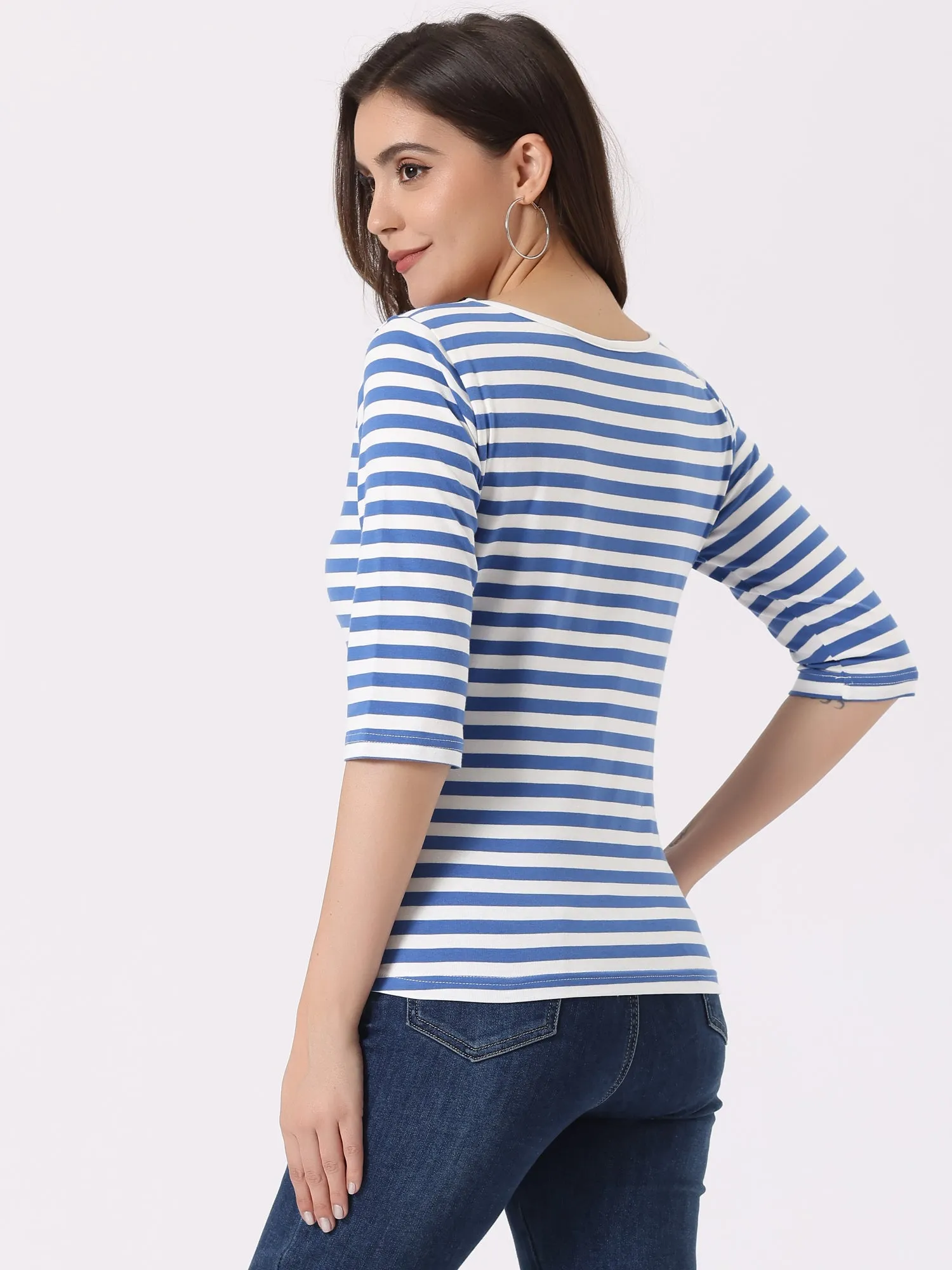 3/4 Sleeve Round Neck Casual Striped T-Shirt sold by Allegra K product image thumbnail 3
