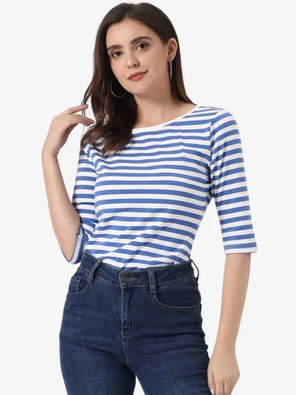 3/4 Sleeve Round Neck Casual Striped T-Shirt sold by Allegra K