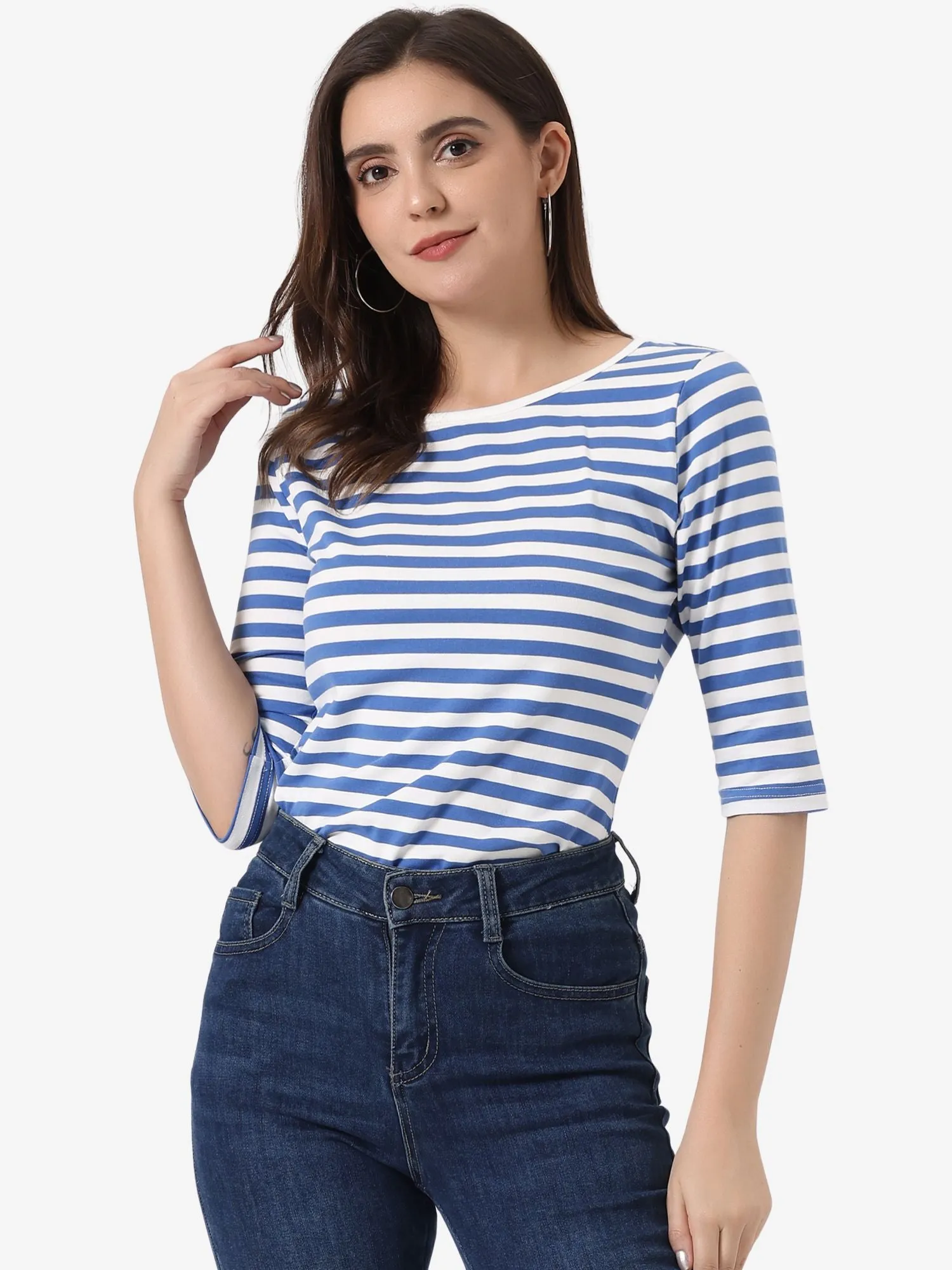 3/4 Sleeve Round Neck Casual Striped T-Shirt sold by Allegra K