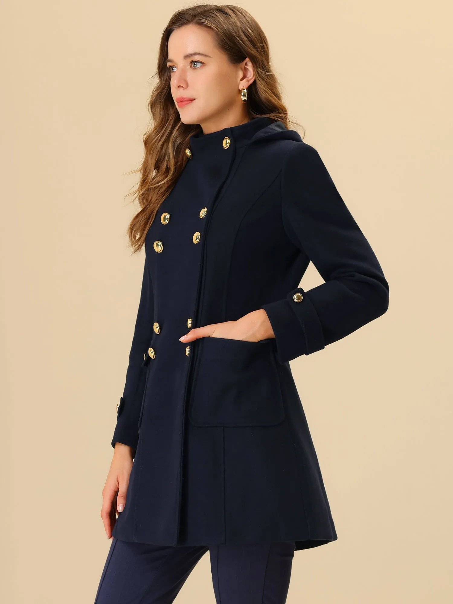 Stand Collar Double Breasted Hoodie Outerwear Winter Coat sold by Allegra K product image thumbnail 3