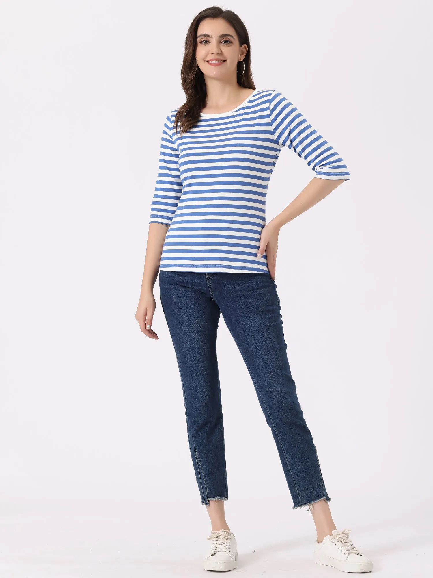 3/4 Sleeve Round Neck Casual Striped T-Shirt sold by Allegra K product image thumbnail 2