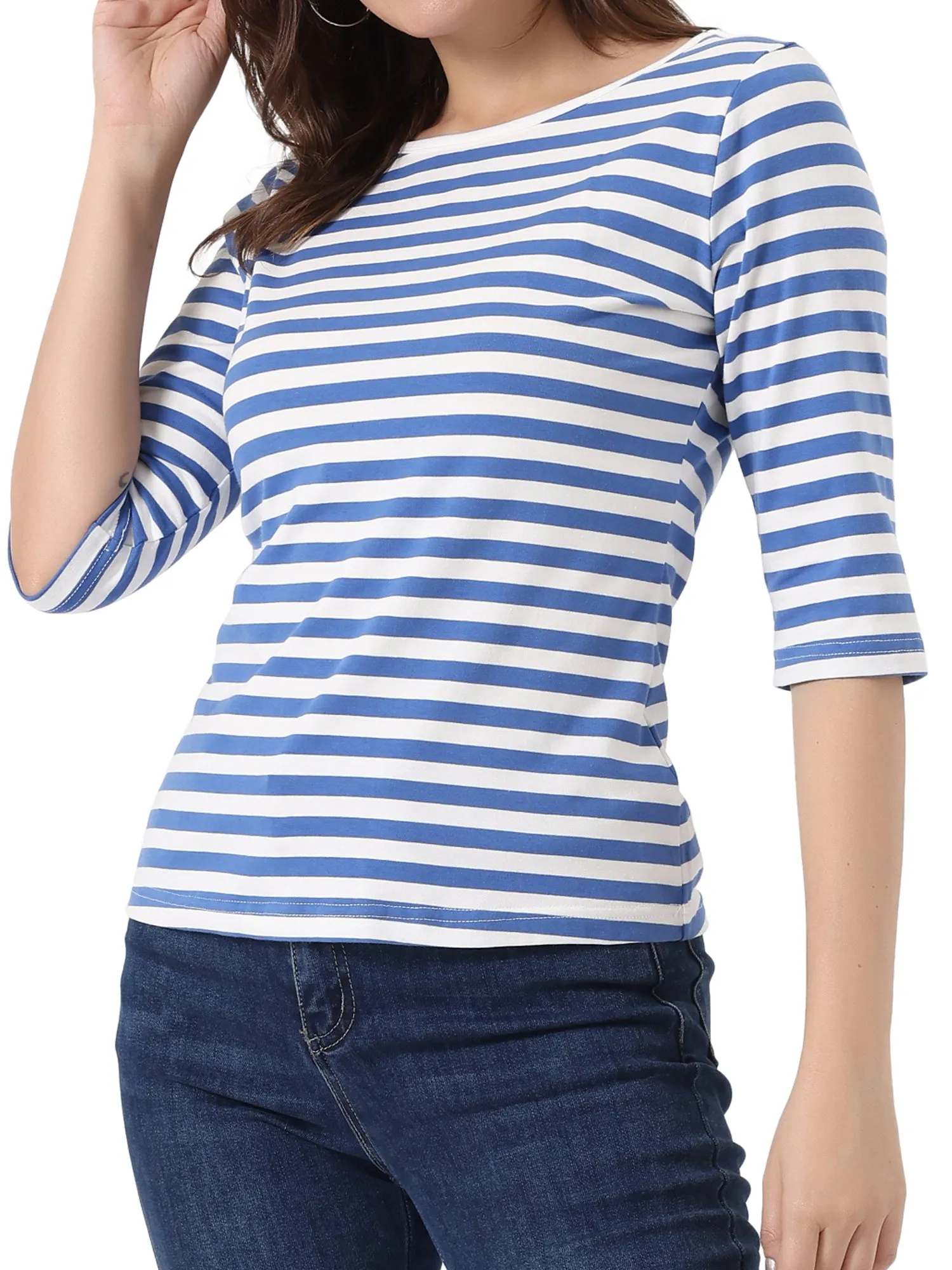 3/4 Sleeve Round Neck Casual Striped T-Shirt sold by Allegra K product image thumbnail 4