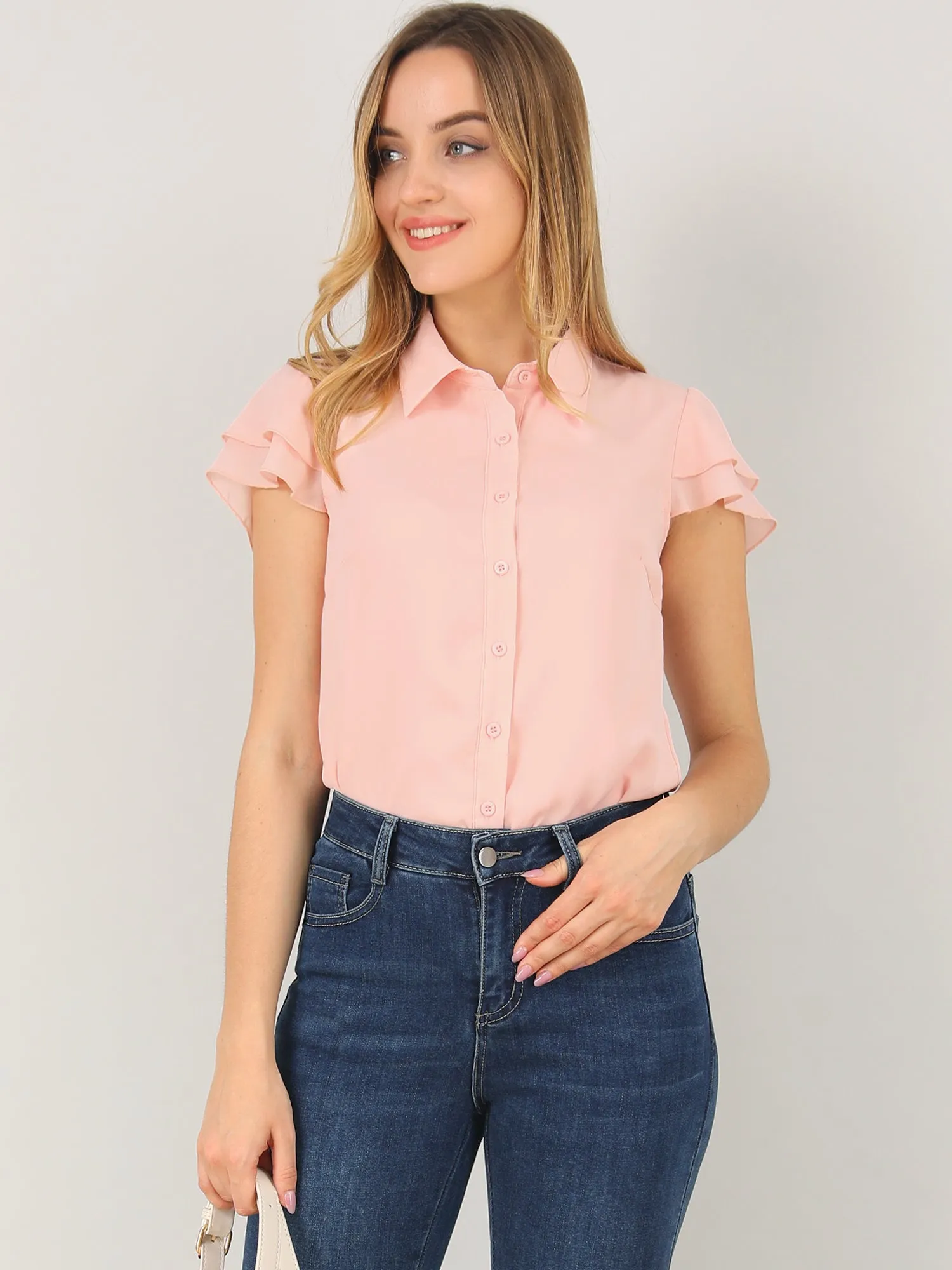 Chiffon Layered Cap Sleeve Work Office Button Down Collar Shirt sold by Allegra K product image thumbnail 2