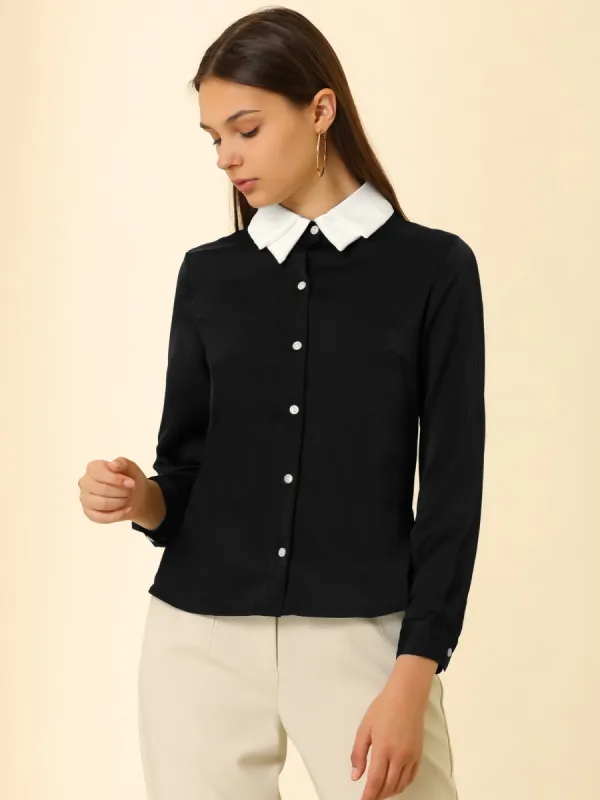 Work Tops Long Sleeve Contrast Collar Satin Button Down Shirt sold by Allegra K