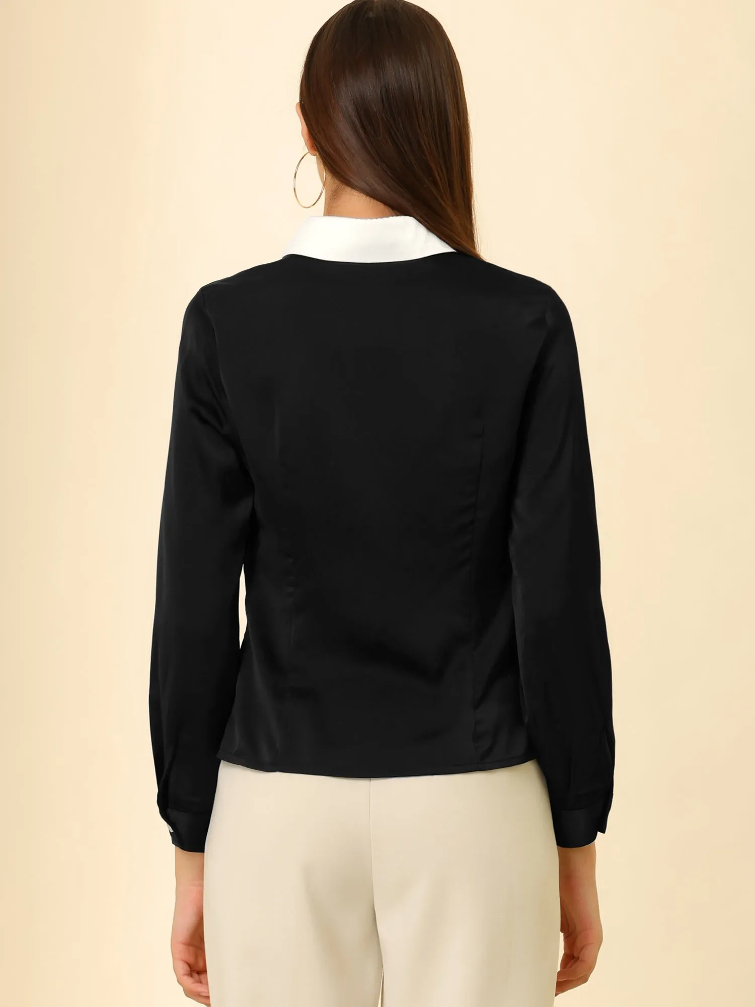 Work Tops Long Sleeve Contrast Collar Satin Button Down Shirt sold by Allegra K product image thumbnail 4