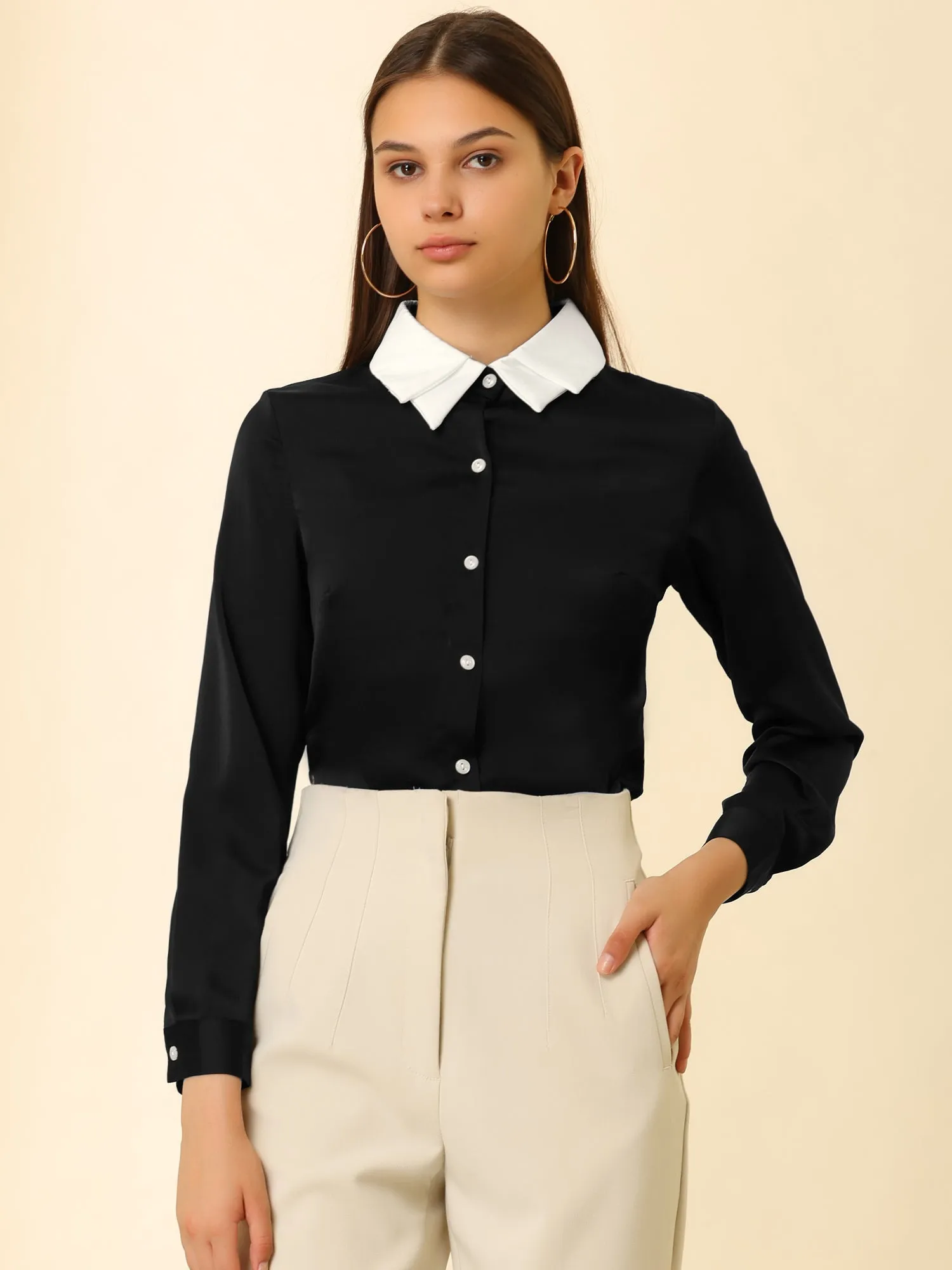 Work Tops Long Sleeve Contrast Collar Satin Button Down Shirt sold by Allegra K product image thumbnail 2