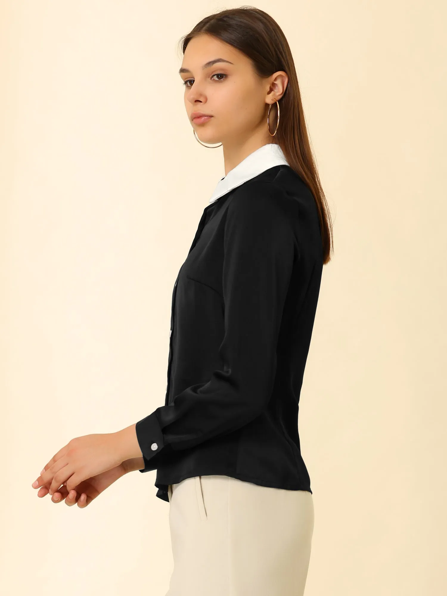 Work Tops Long Sleeve Contrast Collar Satin Button Down Shirt sold by Allegra K product image thumbnail 3