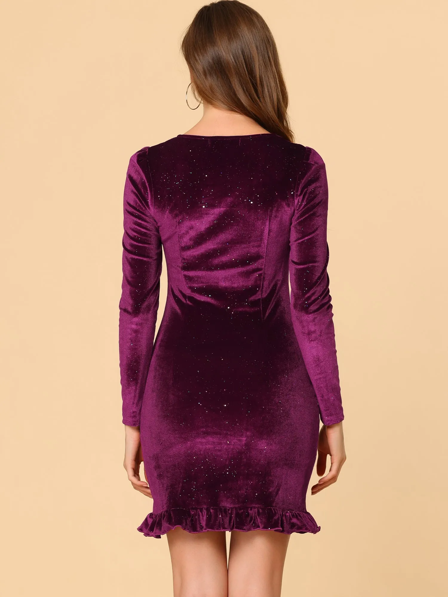 V Neck Long Sleeve Sparkle Velvet Ruffled Bodycon Party Dress sold by Allegra K product image thumbnail 4