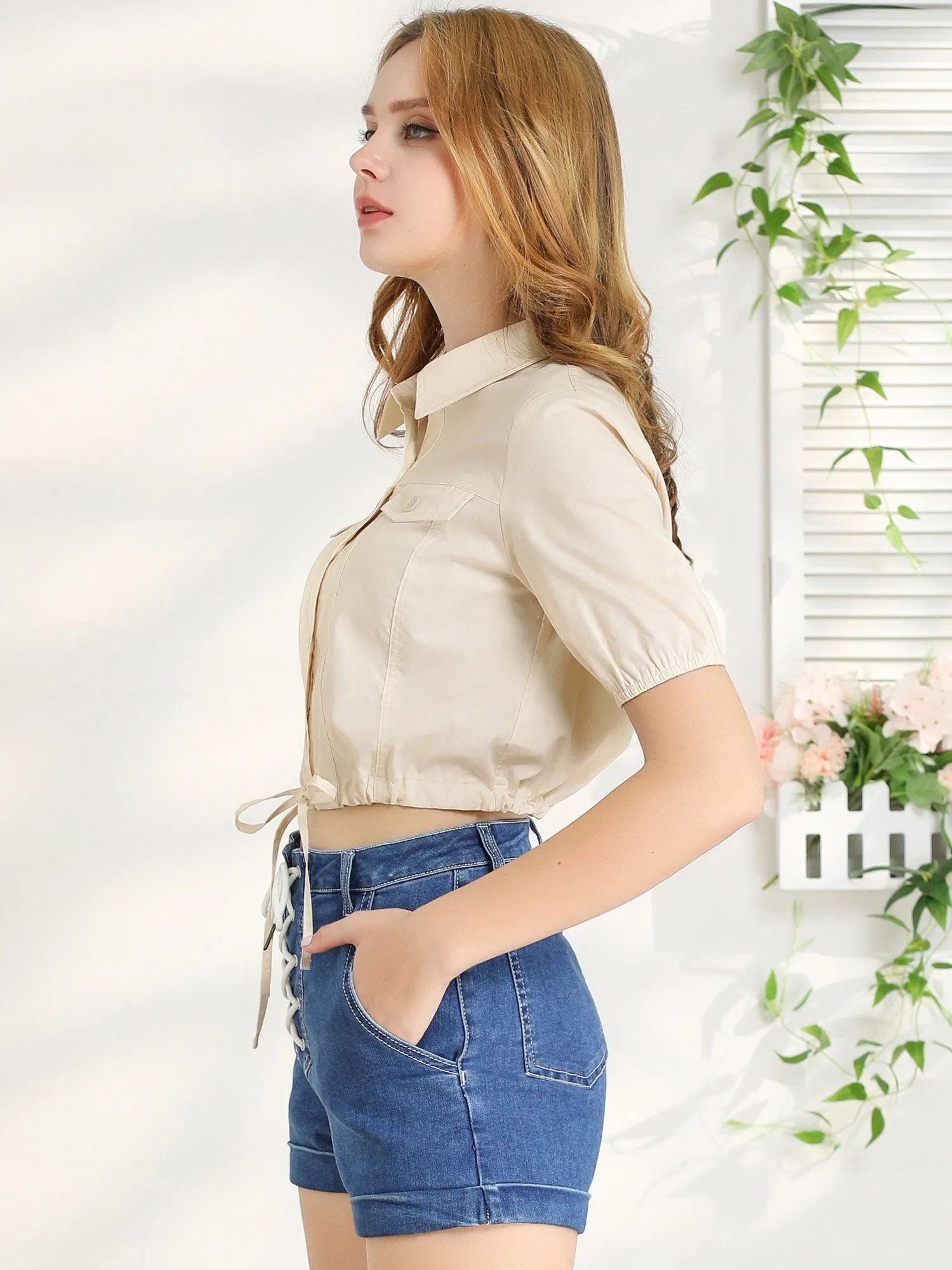 Button Up Short Sleeve Tops Drawstring Summer Cotton Crop Shirt sold by Allegra K product image thumbnail 3