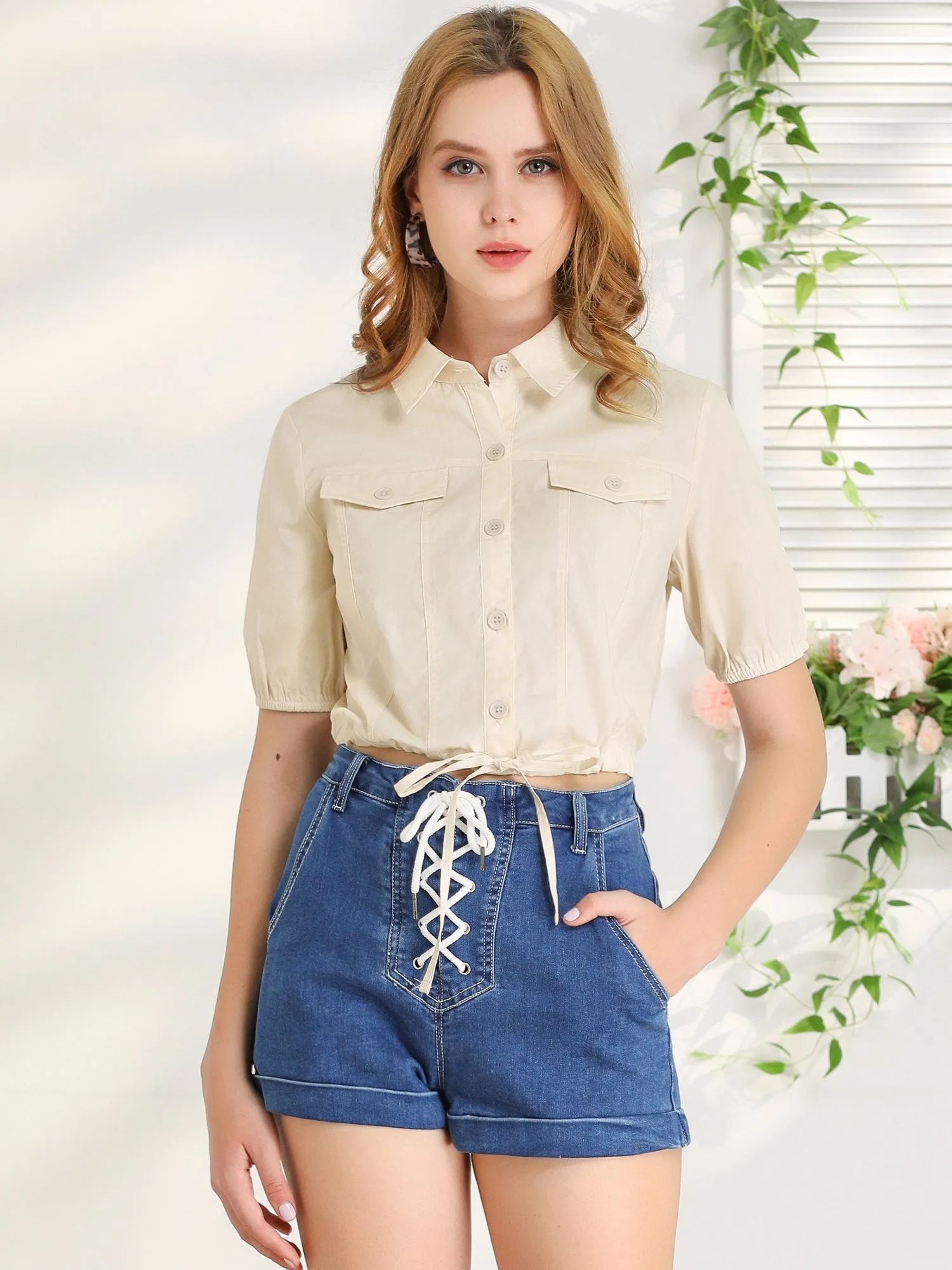 Button Up Short Sleeve Tops Drawstring Summer Cotton Crop Shirt sold by Allegra K