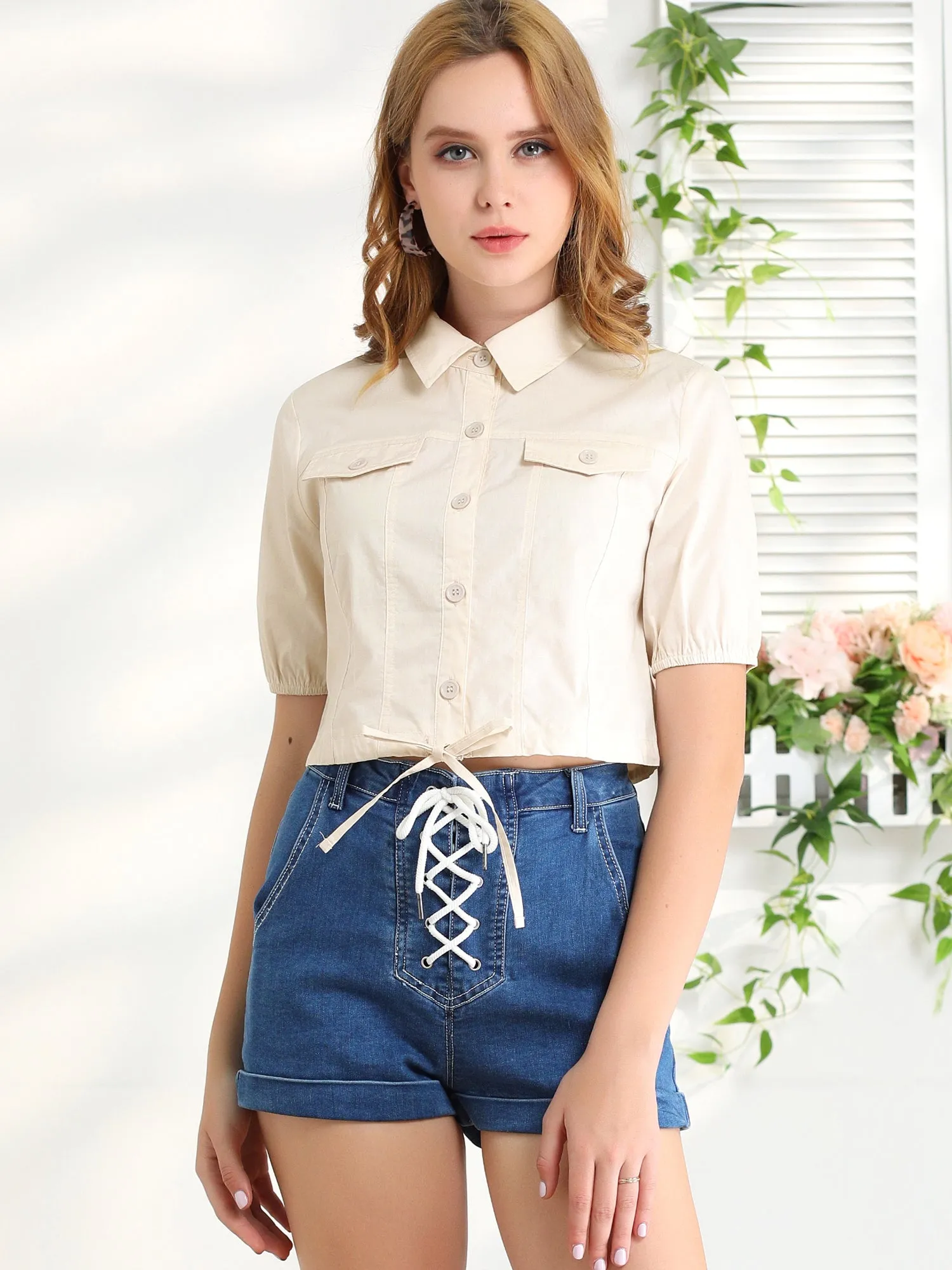 Button Up Short Sleeve Tops Drawstring Summer Cotton Crop Shirt sold by Allegra K product image thumbnail 2