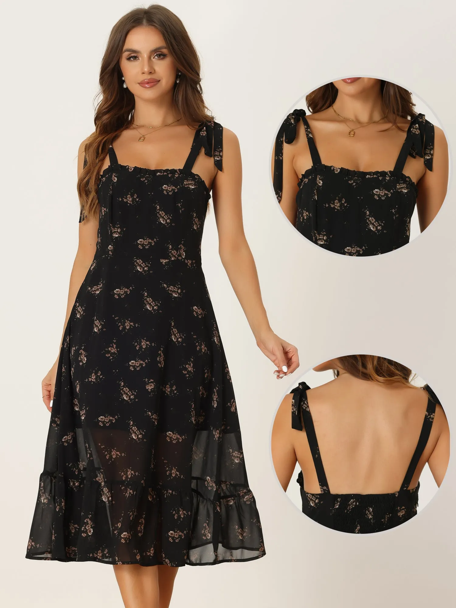 Summer Tie Straps Floral Sleeveless Sheer Ruffle Casual Vintage A Line Midi Dress sold by Allegra K product image thumbnail 2