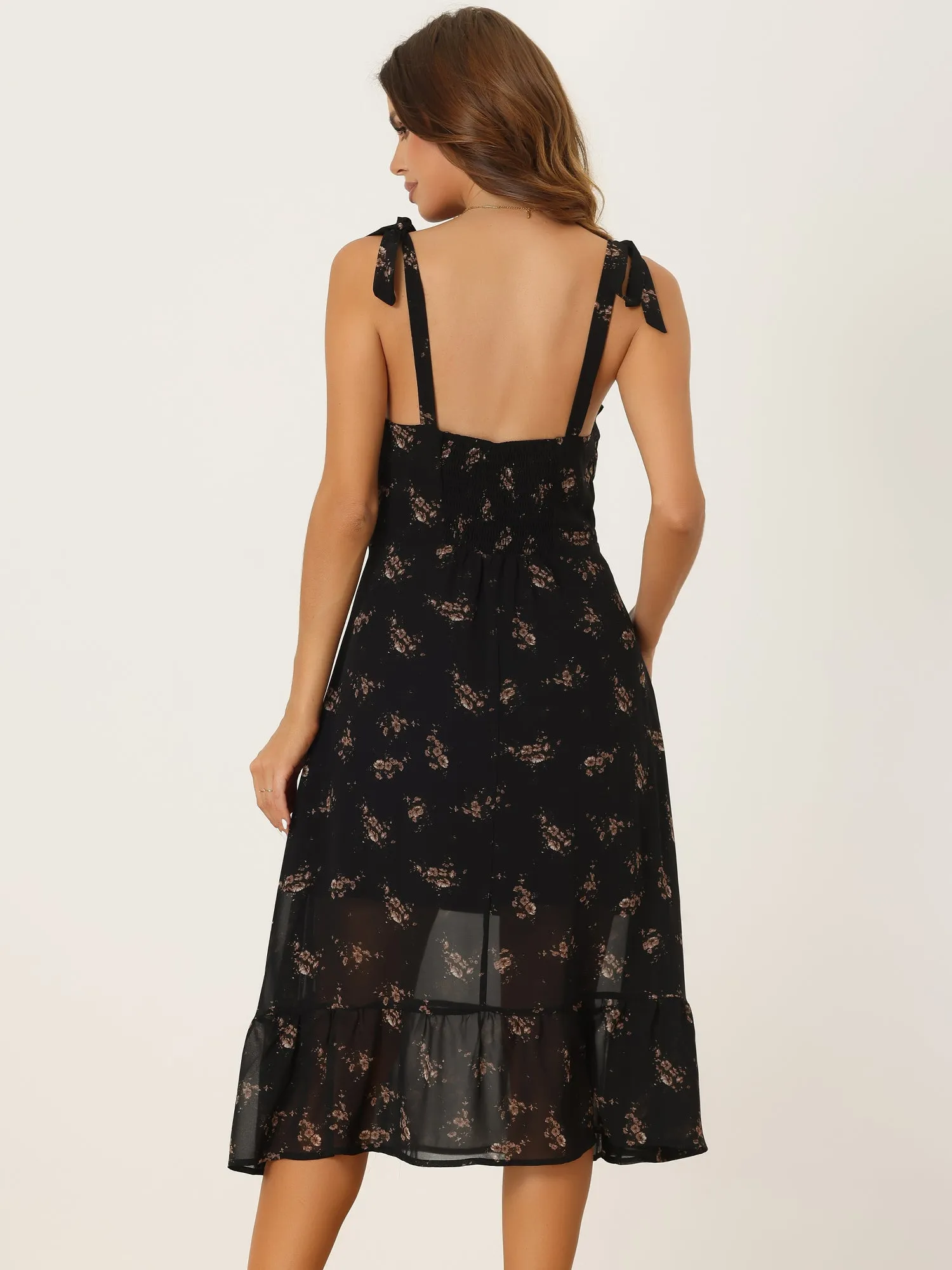 Summer Tie Straps Floral Sleeveless Sheer Ruffle Casual Vintage A Line Midi Dress sold by Allegra K product image thumbnail 3