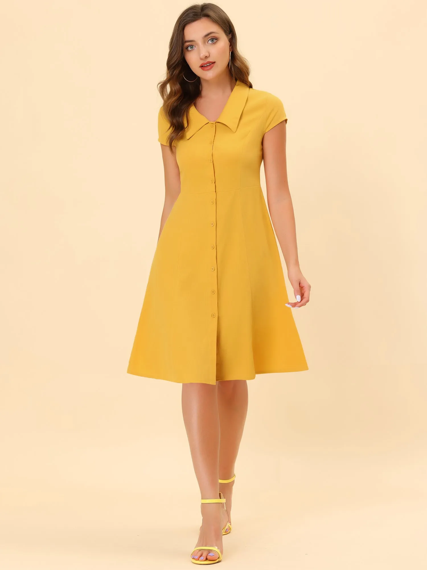 Cap Sleeve Cotton Shirtdress Work Collar Midi Button Down Dress sold by Allegra K product image thumbnail 2