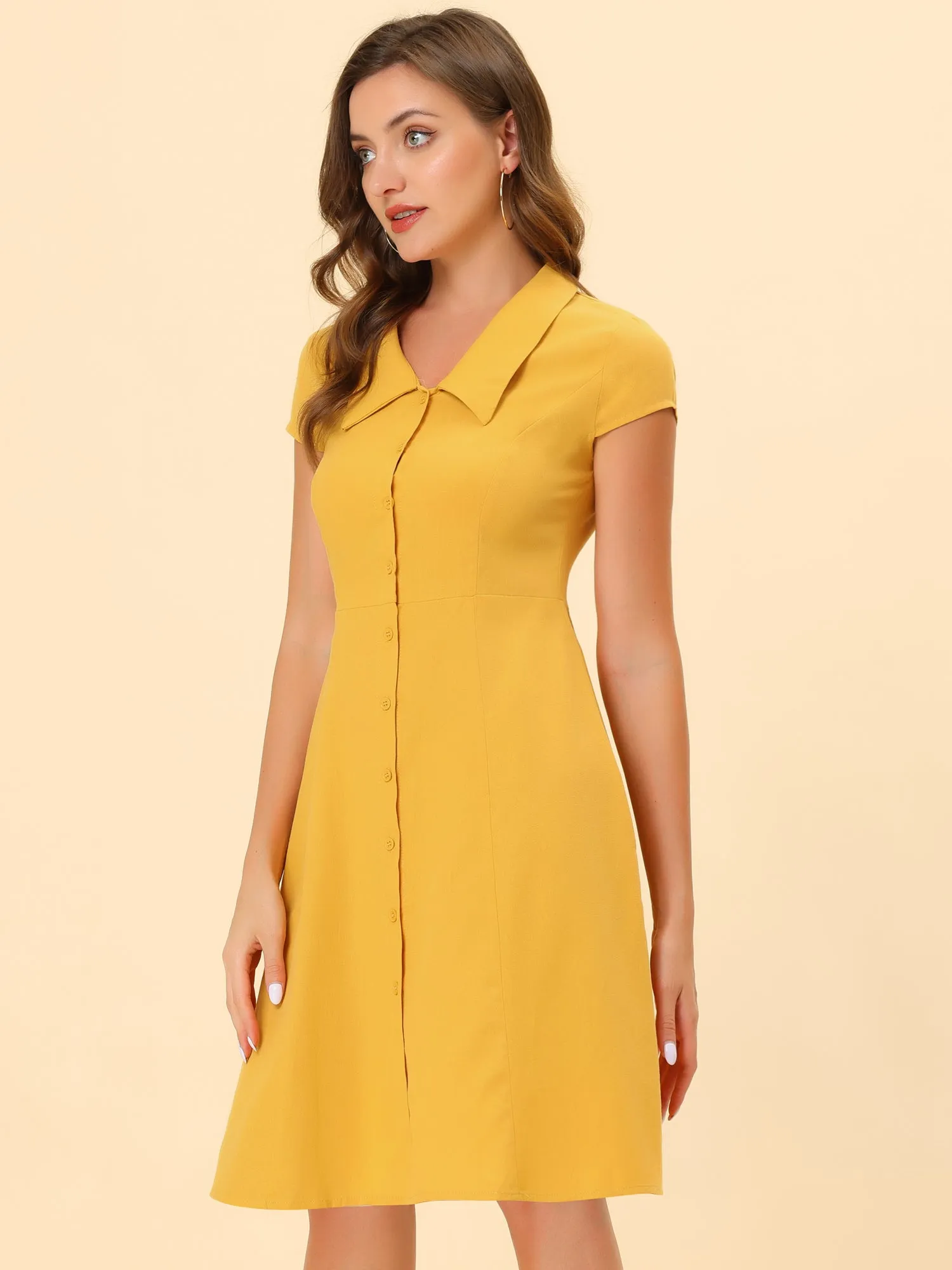 Cap Sleeve Cotton Shirtdress Work Collar Midi Button Down Dress sold by Allegra K product image thumbnail 3
