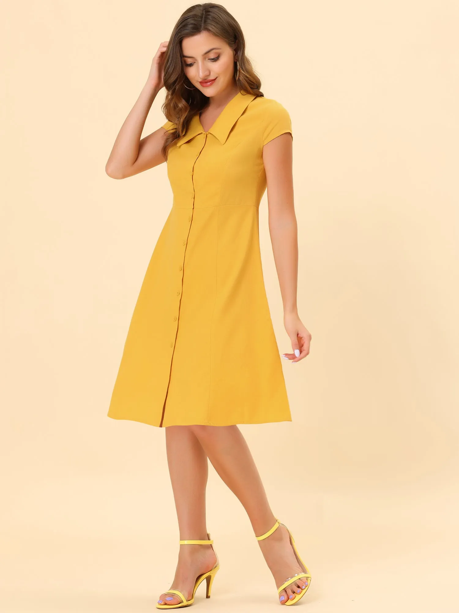 Cap Sleeve Cotton Shirtdress Work Collar Midi Button Down Dress sold by Allegra K