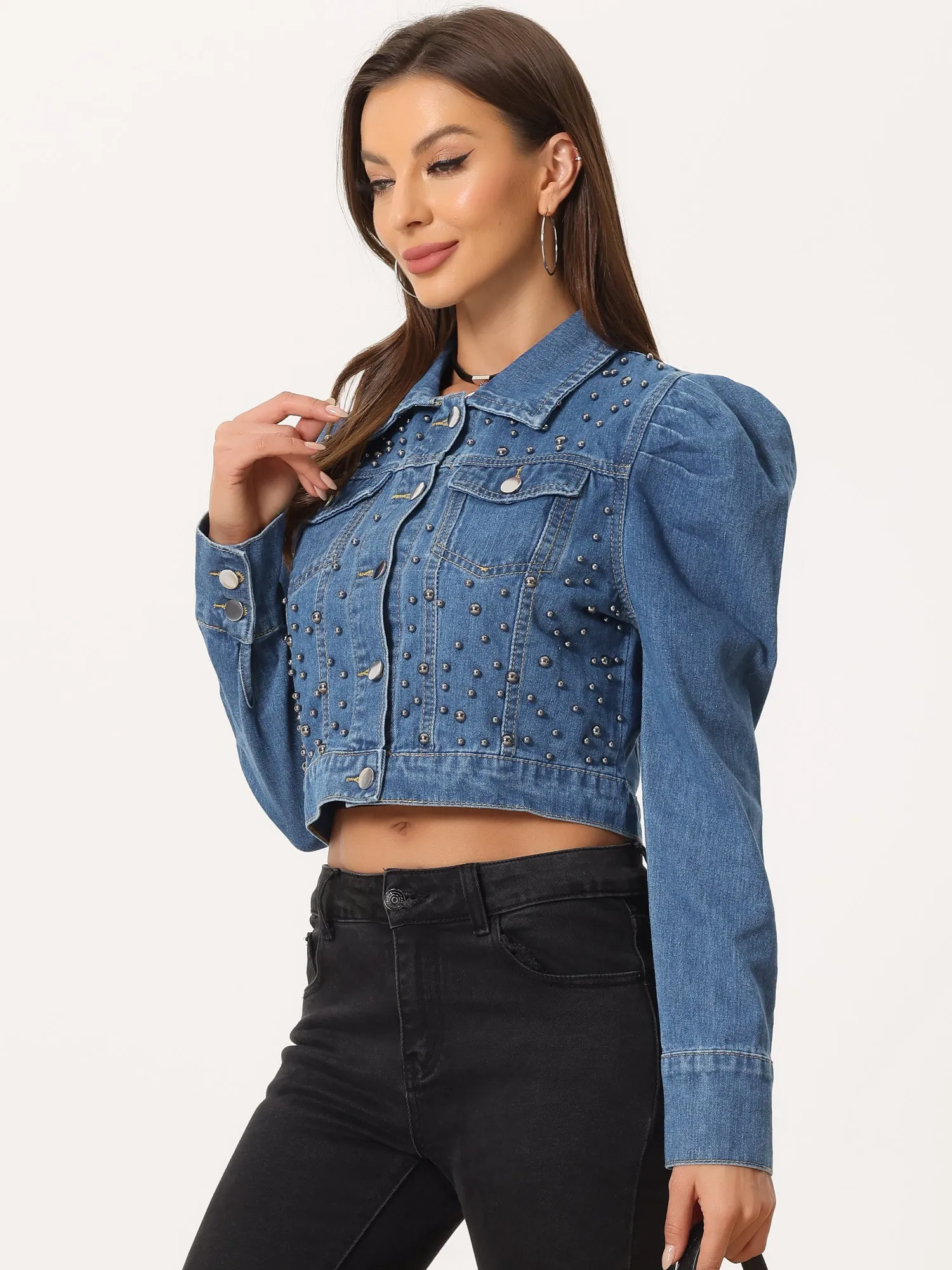 Women's Casual Denim Jacket Rivet Studded Beaded Puff Sleeve Cropped Jean Jackets sold by Allegra K product image thumbnail 2
