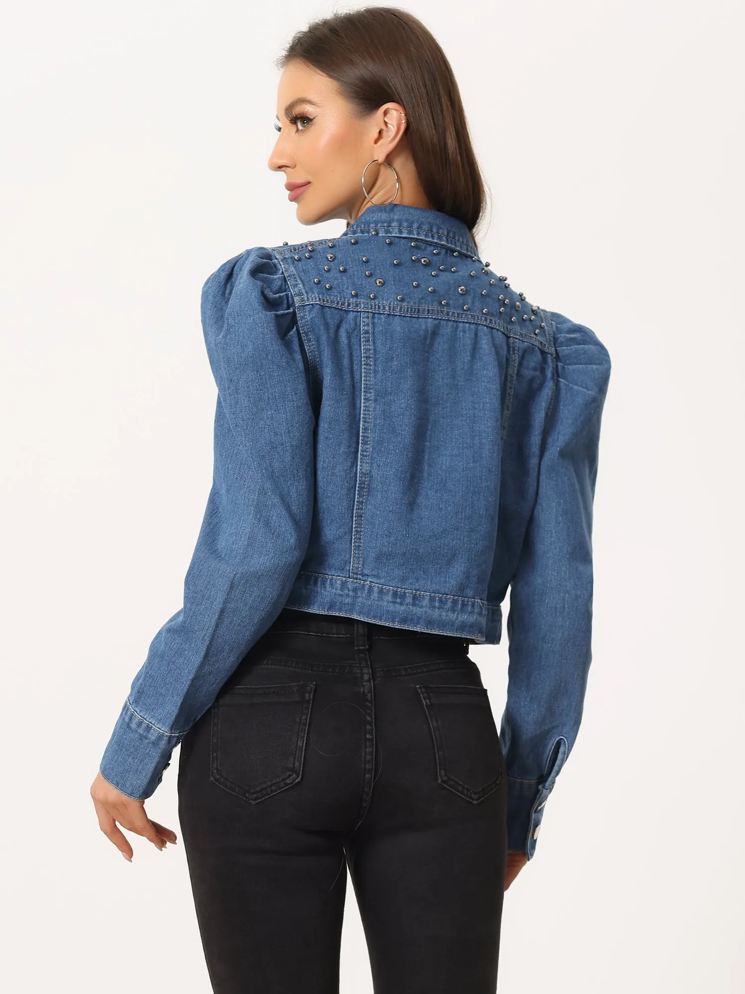 Women's Casual Denim Jacket Rivet Studded Beaded Puff Sleeve Cropped Jean Jackets sold by Allegra K product image thumbnail 3