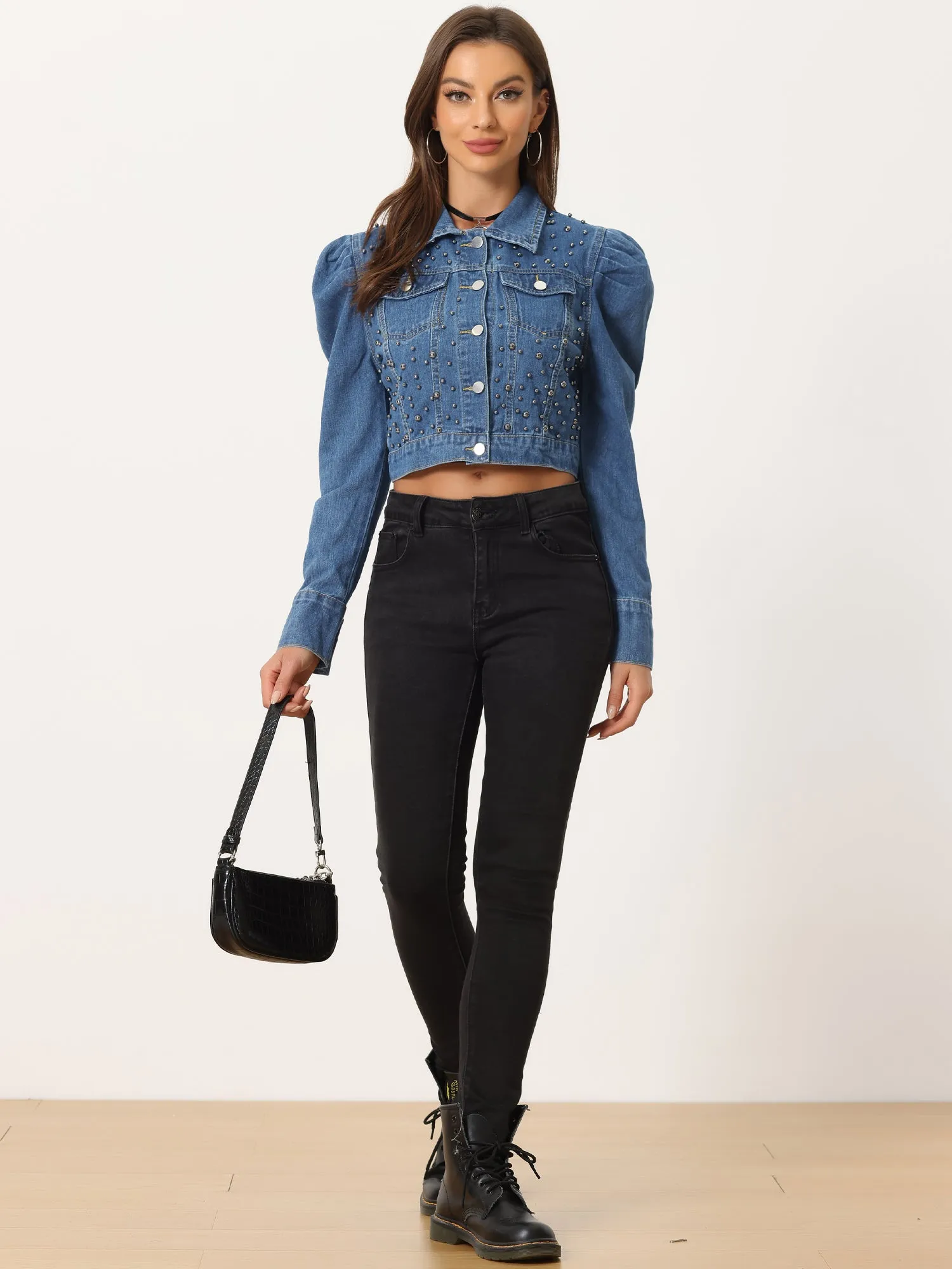 Women's Casual Denim Jacket Rivet Studded Beaded Puff Sleeve Cropped Jean Jackets sold by Allegra K