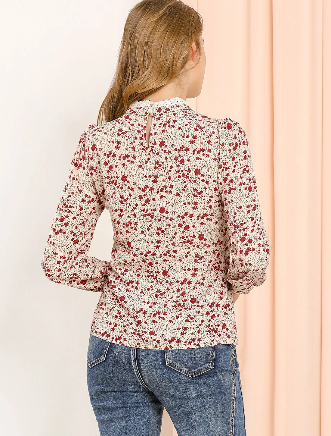 Vintage Lace Trim Stand Collar Long Sleeve Floral Valentine's Day Top sold by Allegra K product image thumbnail 5