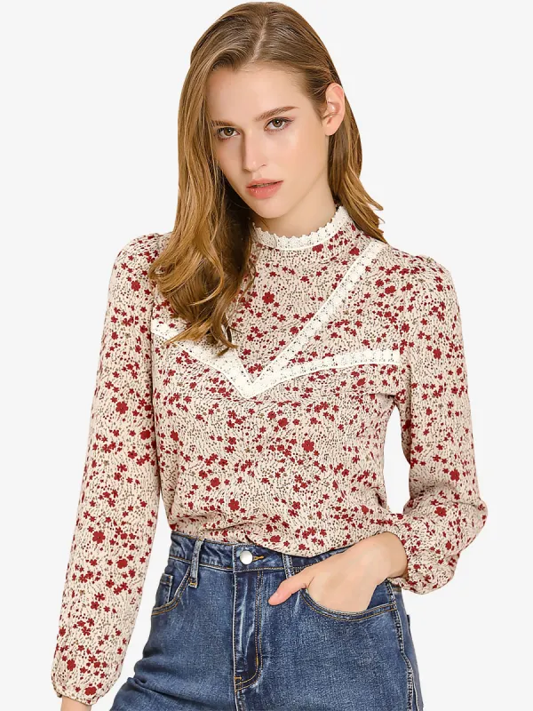 Vintage Lace Trim Stand Collar Long Sleeve Floral Valentine's Day Top sold by Allegra K