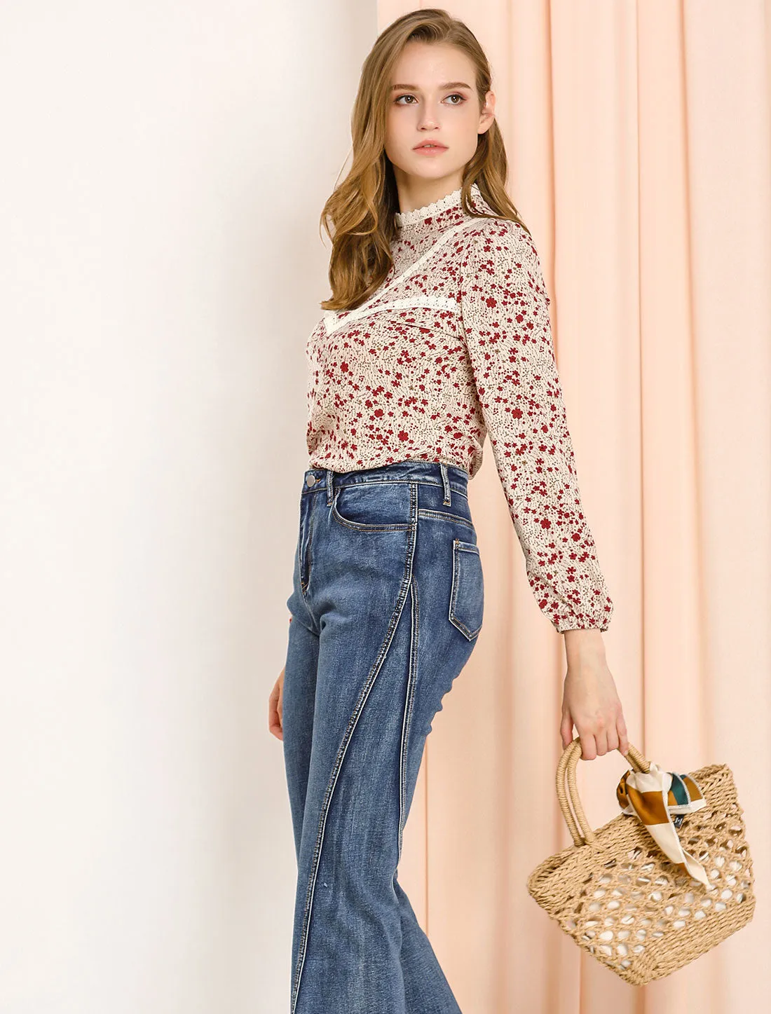 Vintage Lace Trim Stand Collar Long Sleeve Floral Valentine's Day Top sold by Allegra K product image thumbnail 4