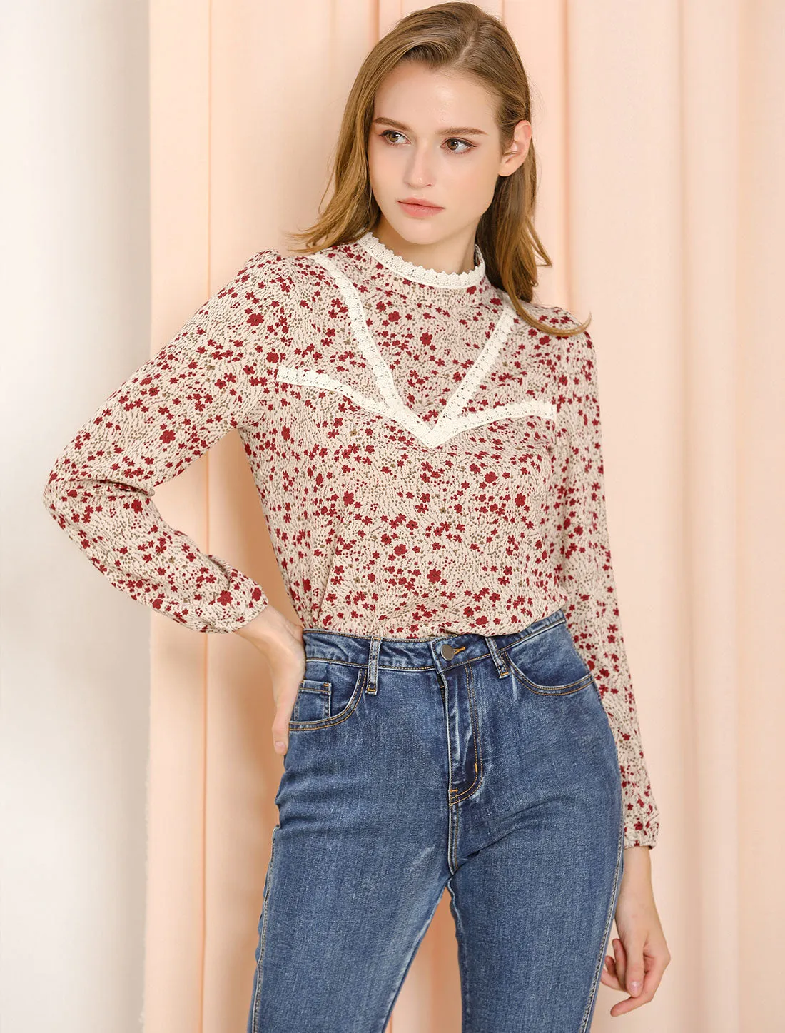 Vintage Lace Trim Stand Collar Long Sleeve Floral Valentine's Day Top sold by Allegra K product image thumbnail 3
