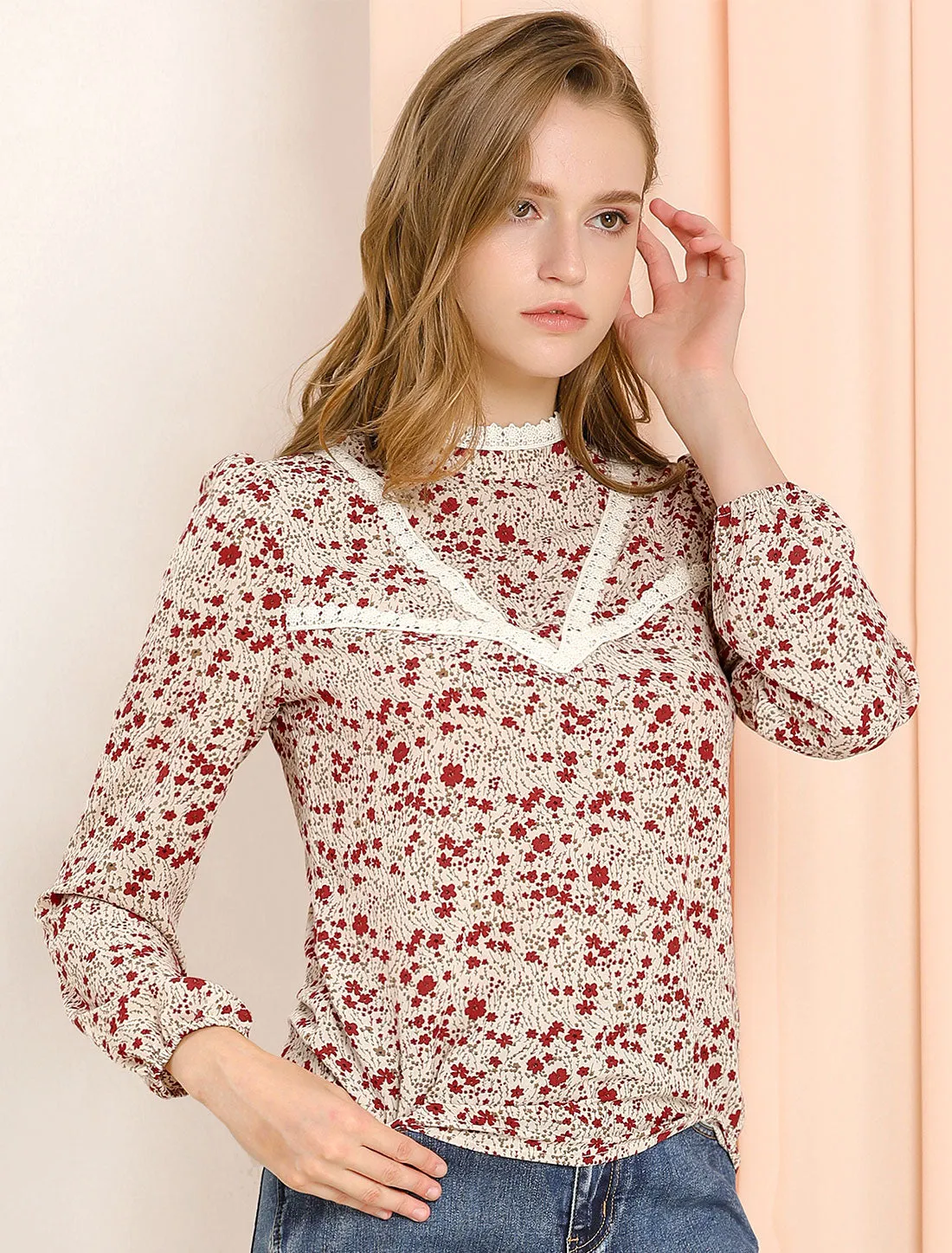 Vintage Lace Trim Stand Collar Long Sleeve Floral Valentine's Day Top sold by Allegra K product image thumbnail 2