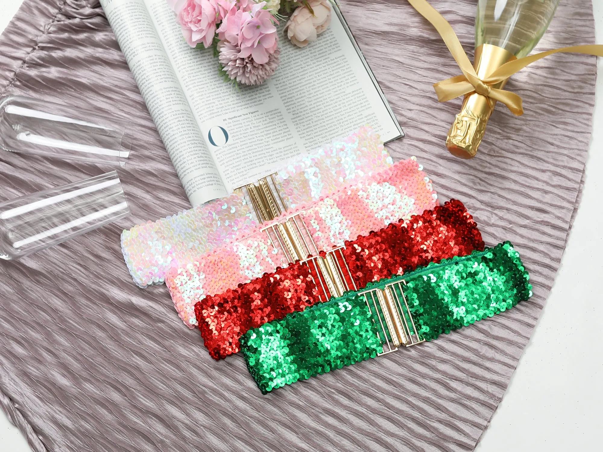 Womens Wide Waist Belts Interlock Buckles Sequins Decor Shinny Stretchy Belts 2PCS sold by Allegra K product image thumbnail 5
