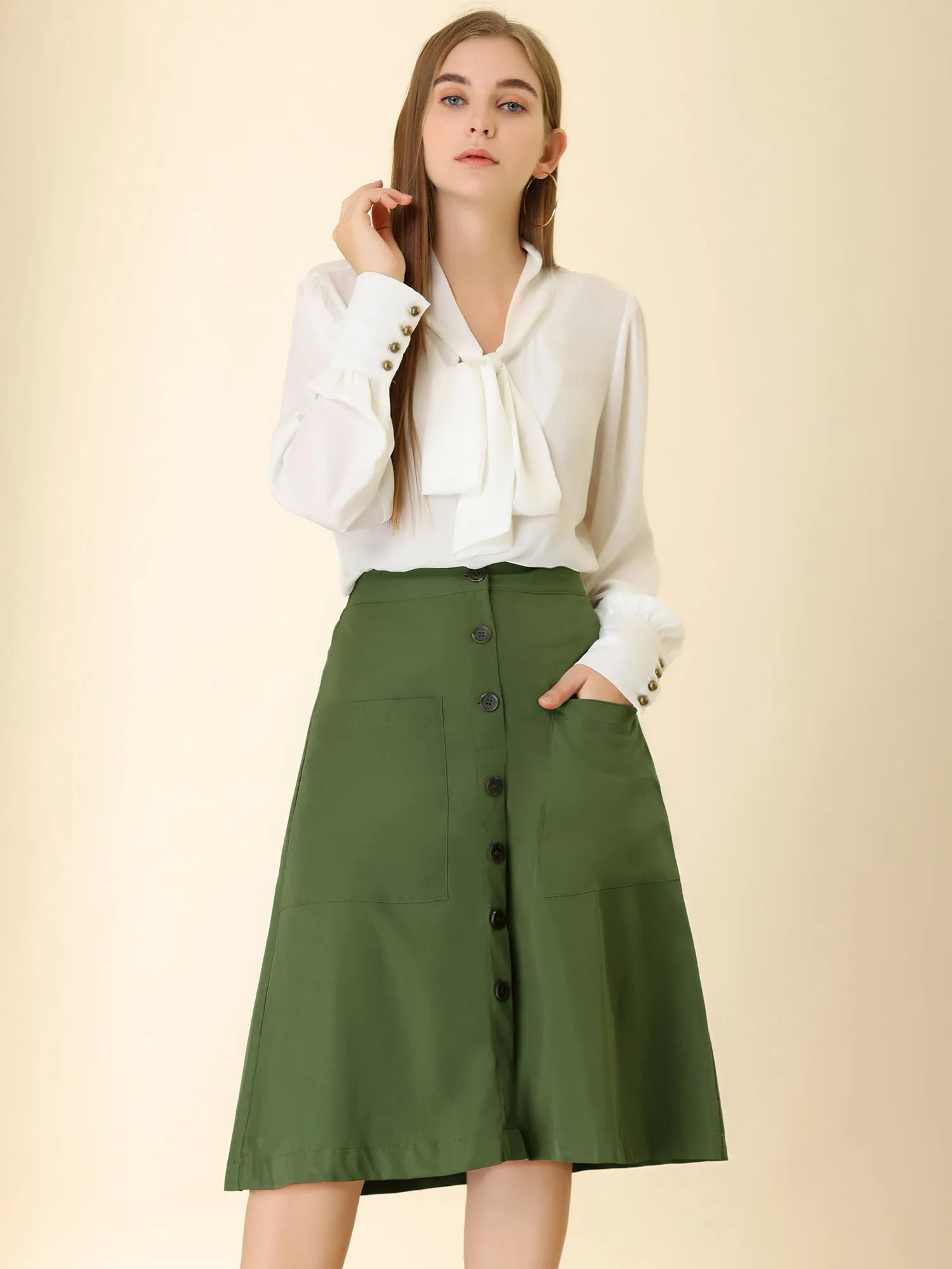 Elastic Waist Button Front Pocket Swing Midi Skirt sold by Allegra K
