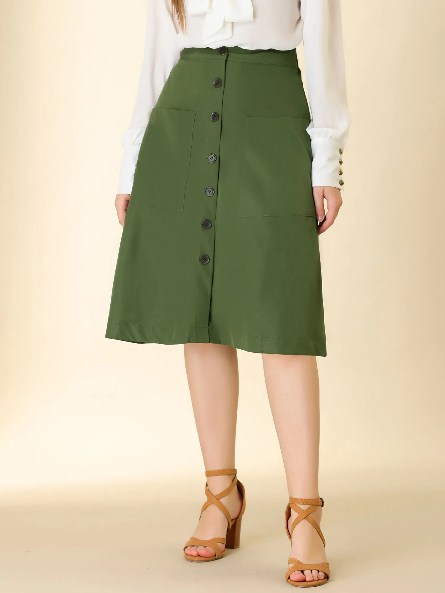 Elastic Waist Button Front Pocket Swing Midi Skirt sold by Allegra K product image thumbnail 4