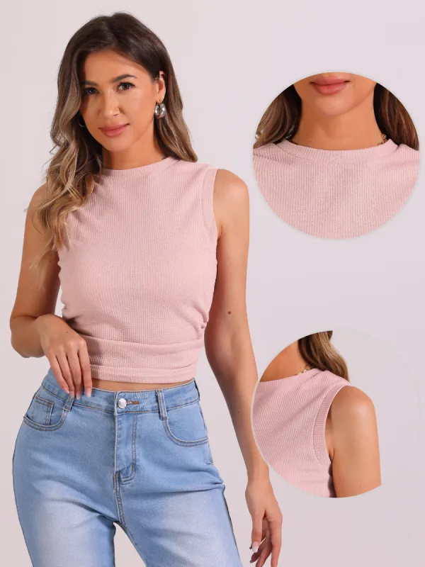 Textured Waffle Knit Sleeveless Crew Neck Cropped Top sold by Allegra K