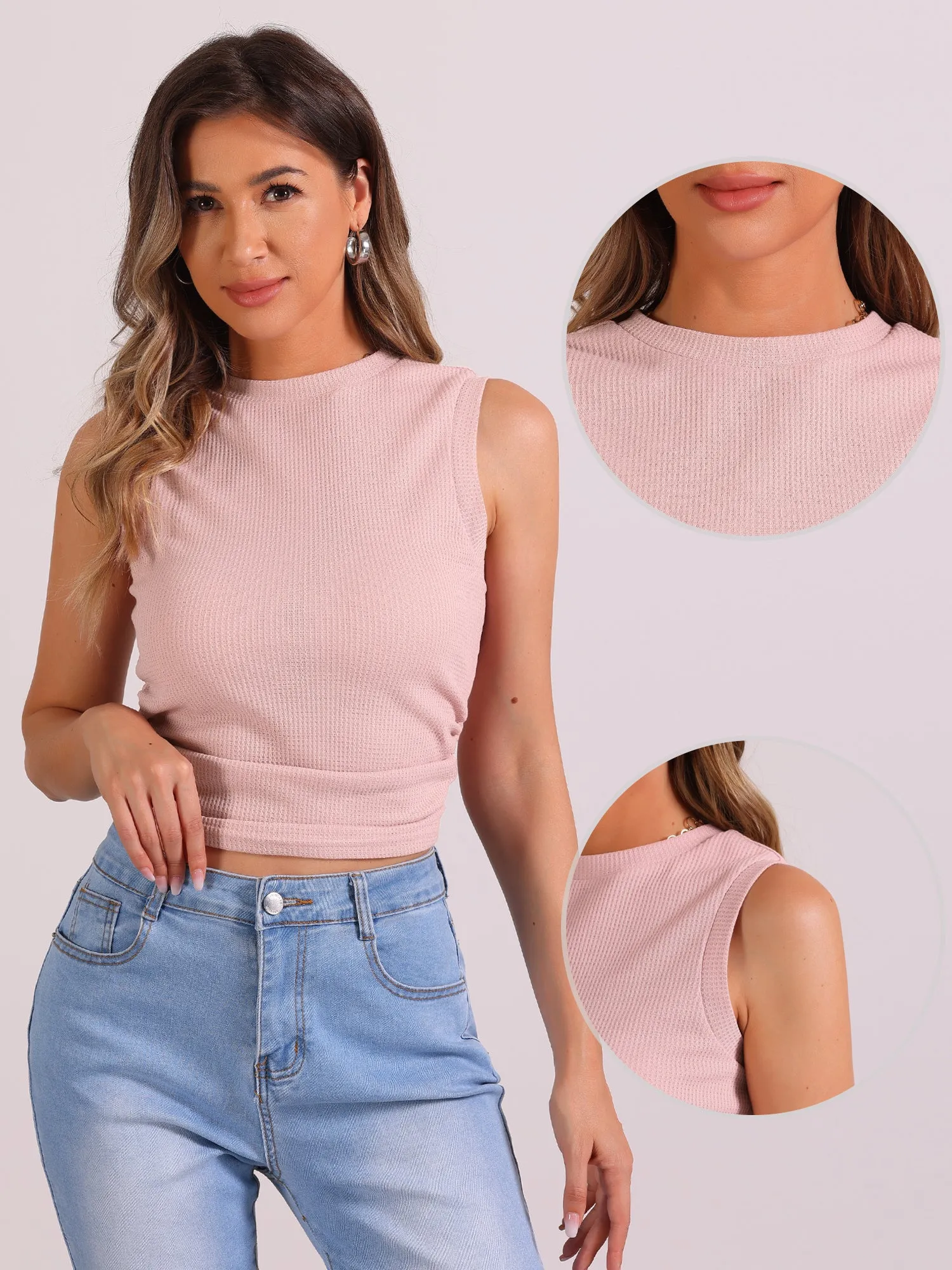 Textured Waffle Knit Sleeveless Crew Neck Cropped Top sold by Allegra K