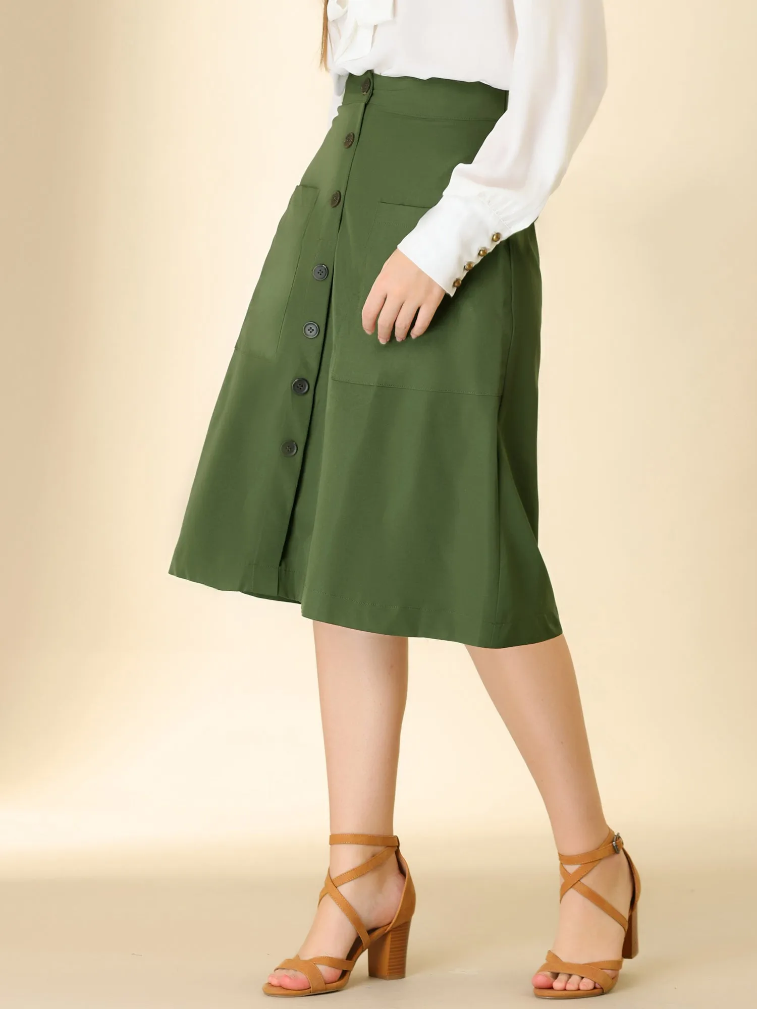 Elastic Waist Button Front Pocket Swing Midi Skirt sold by Allegra K product image thumbnail 3
