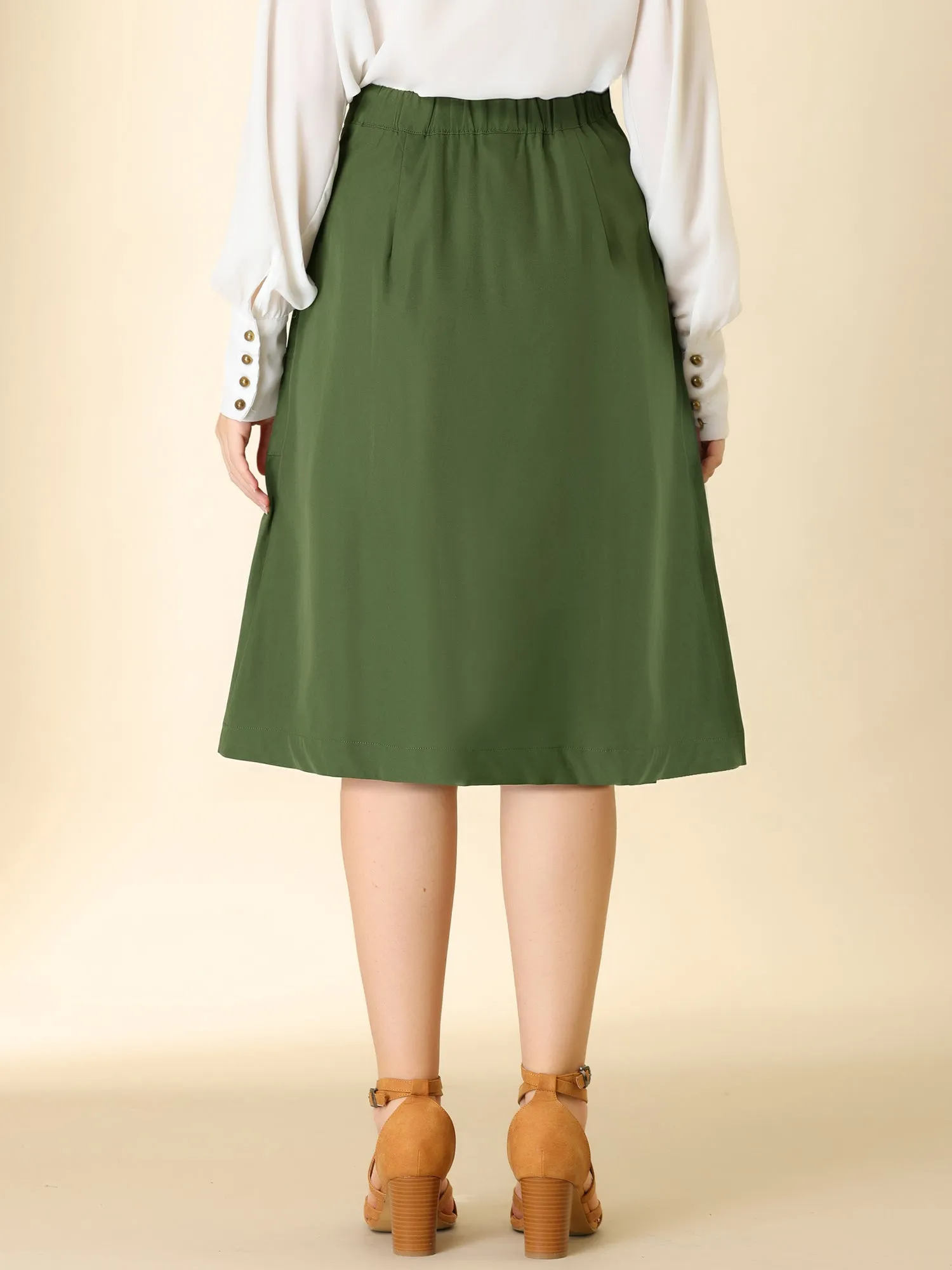 Elastic Waist Button Front Pocket Swing Midi Skirt sold by Allegra K product image thumbnail 2