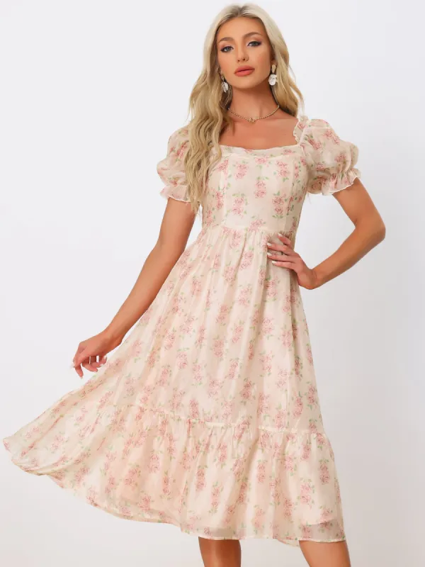 Square Neck Puff Short Sleeve Floral Organza Midi Dress sold by Allegra K