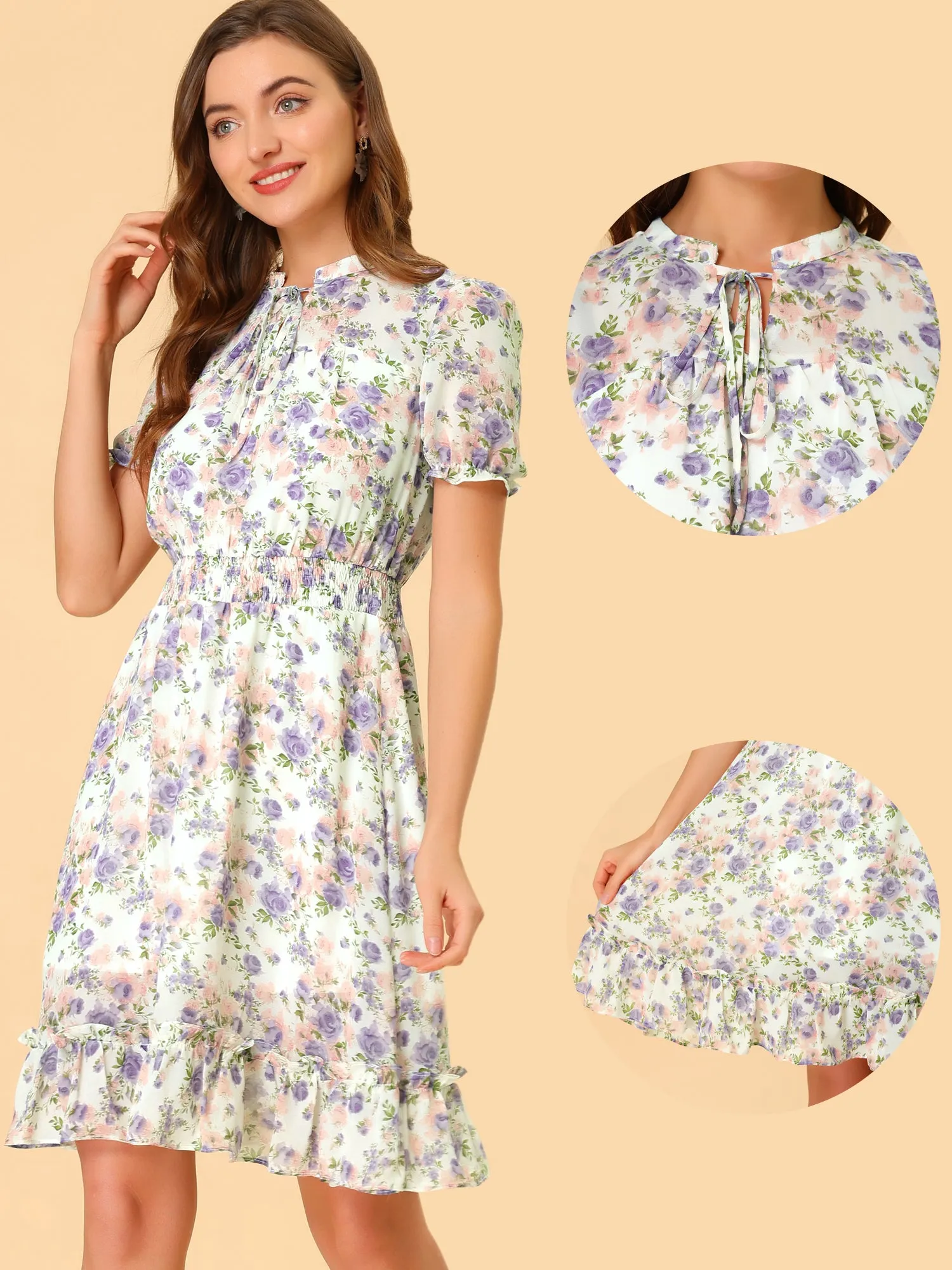 Floral Smocked Tie Neck Puff Sleeve Ruffle Chiffon Tiered Dress sold by Allegra K product image thumbnail 2