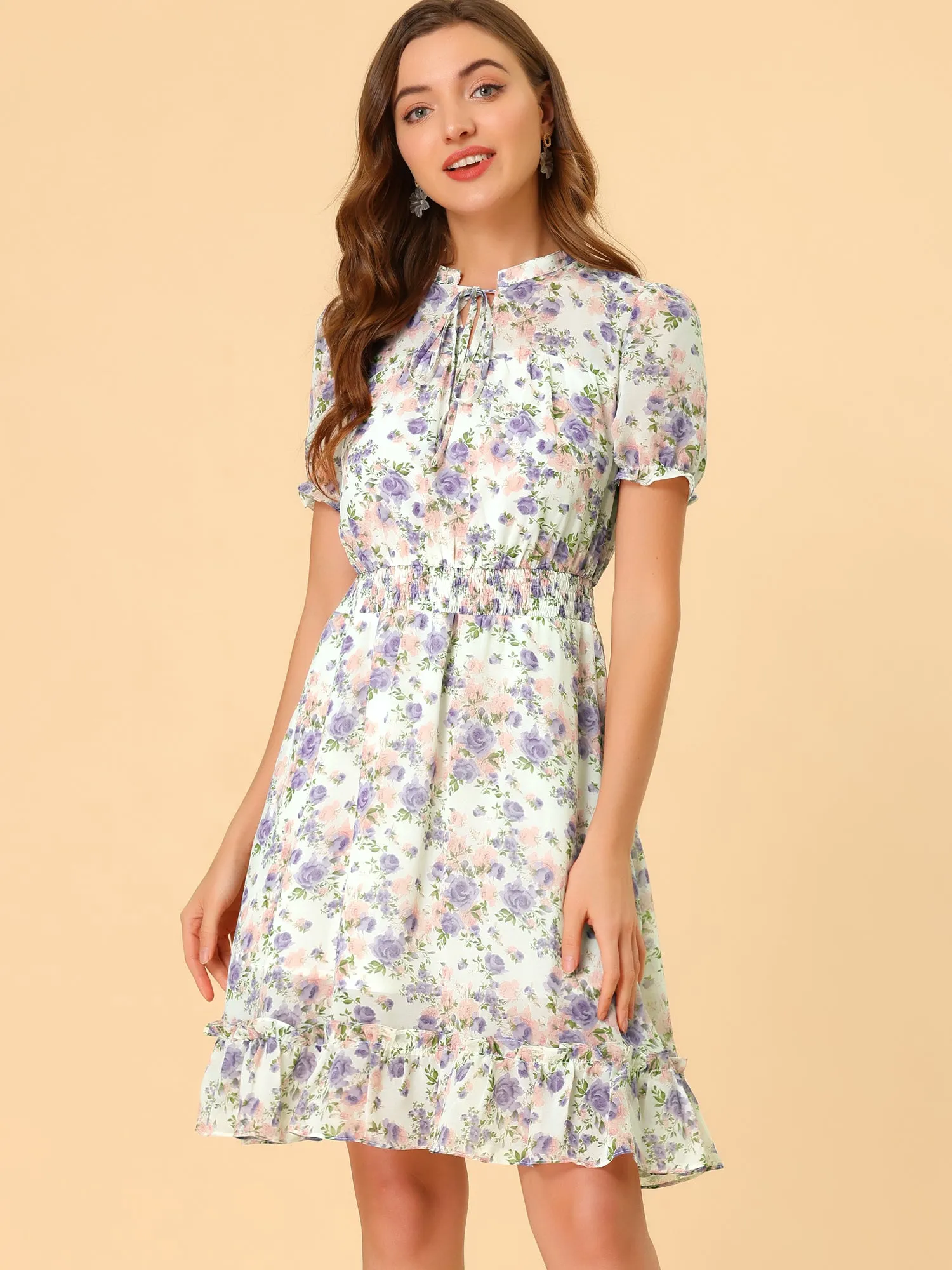 Floral Smocked Tie Neck Puff Sleeve Ruffle Chiffon Tiered Dress sold by Allegra K