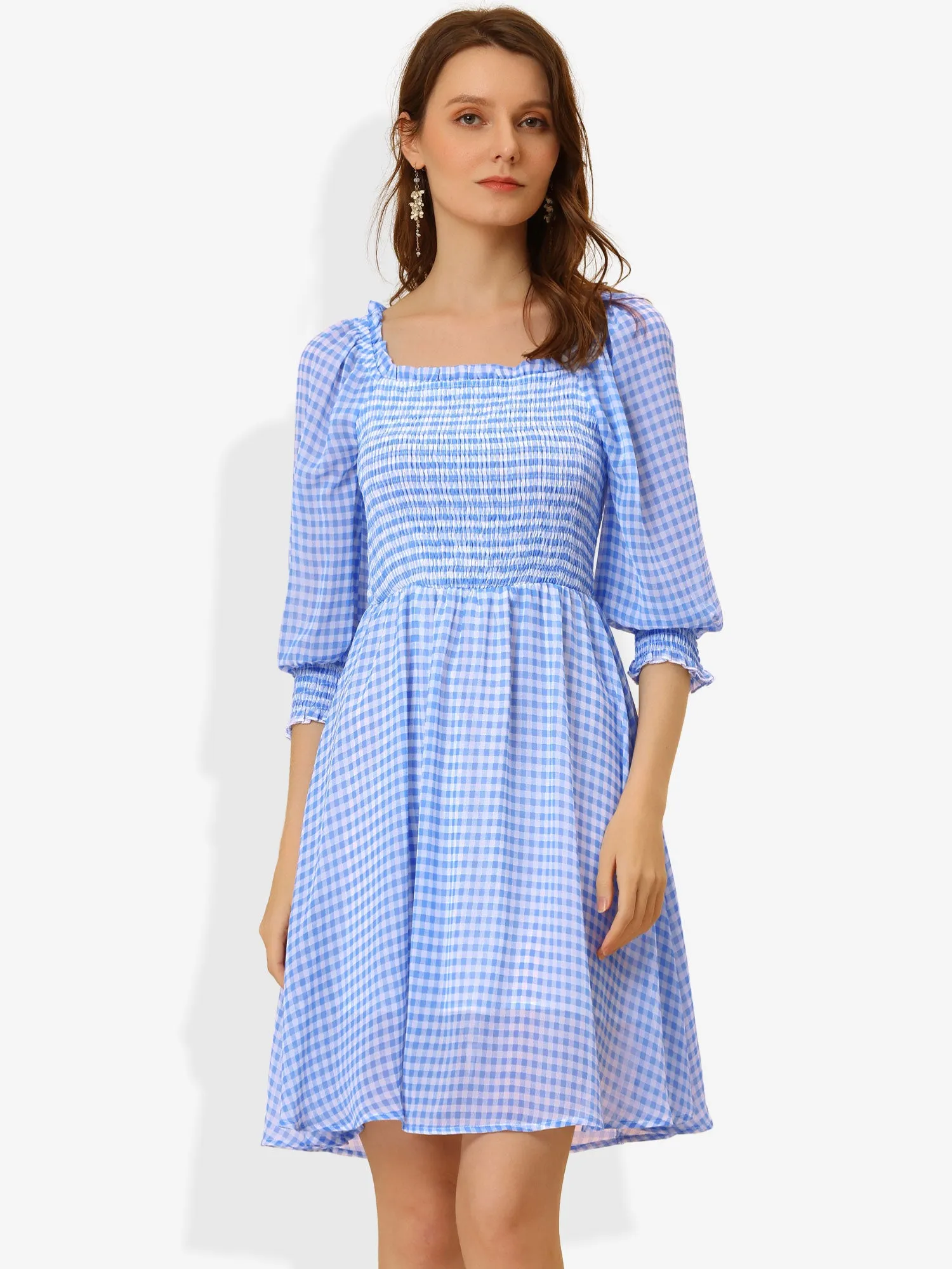 Square Neck 3/4 Sleeve Ruffle Smocked Plaid Mini Dress sold by Allegra K