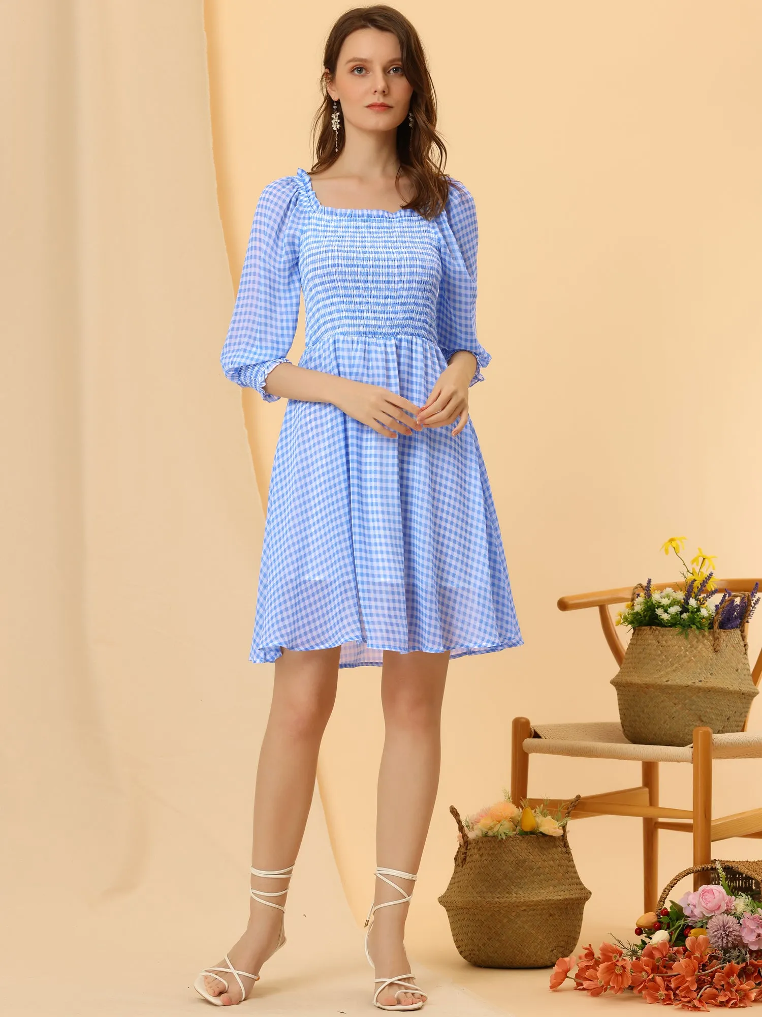 Square Neck 3/4 Sleeve Ruffle Smocked Plaid Mini Dress sold by Allegra K product image thumbnail 4