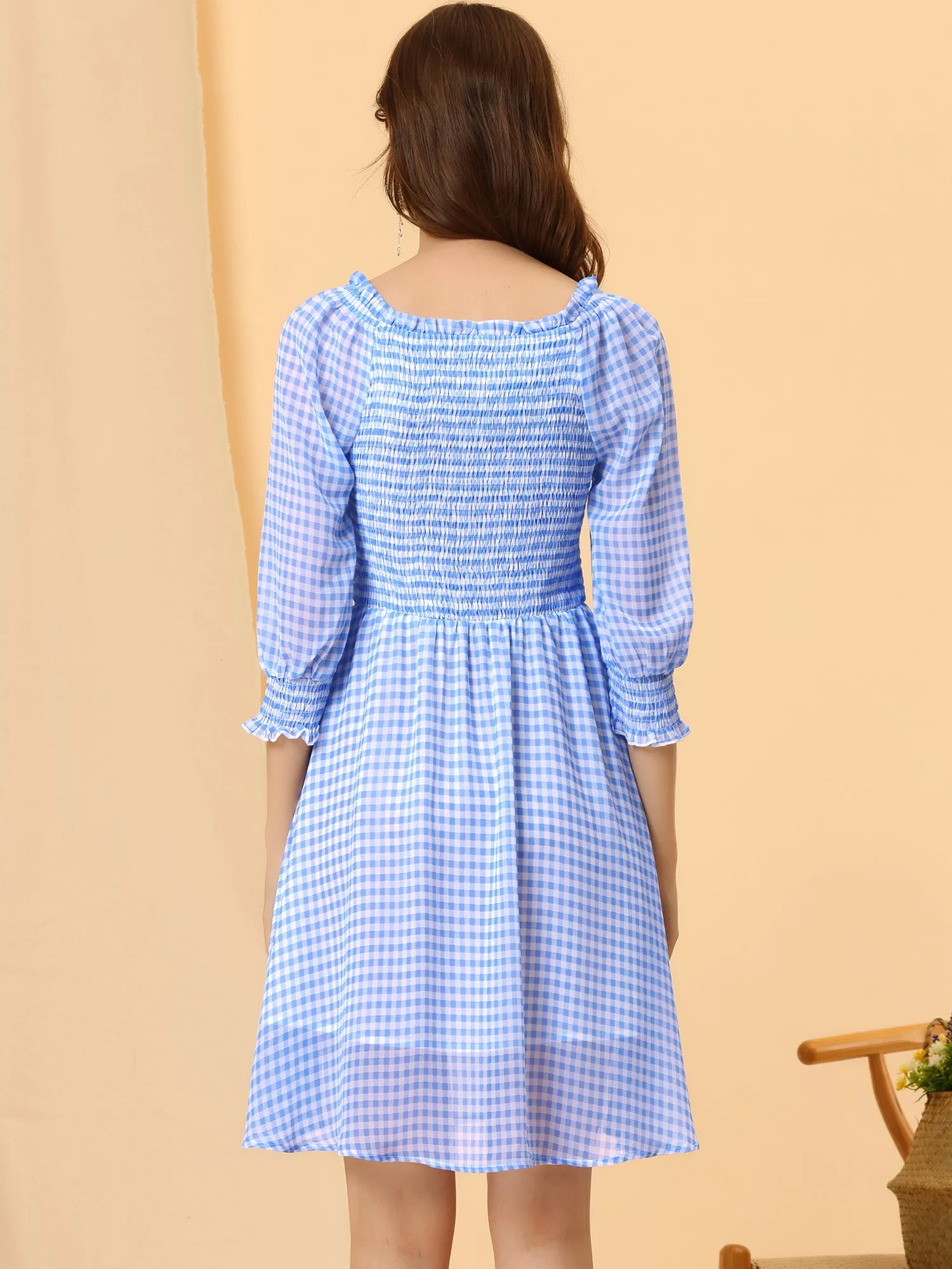 Square Neck 3/4 Sleeve Ruffle Smocked Plaid Mini Dress sold by Allegra K product image thumbnail 3