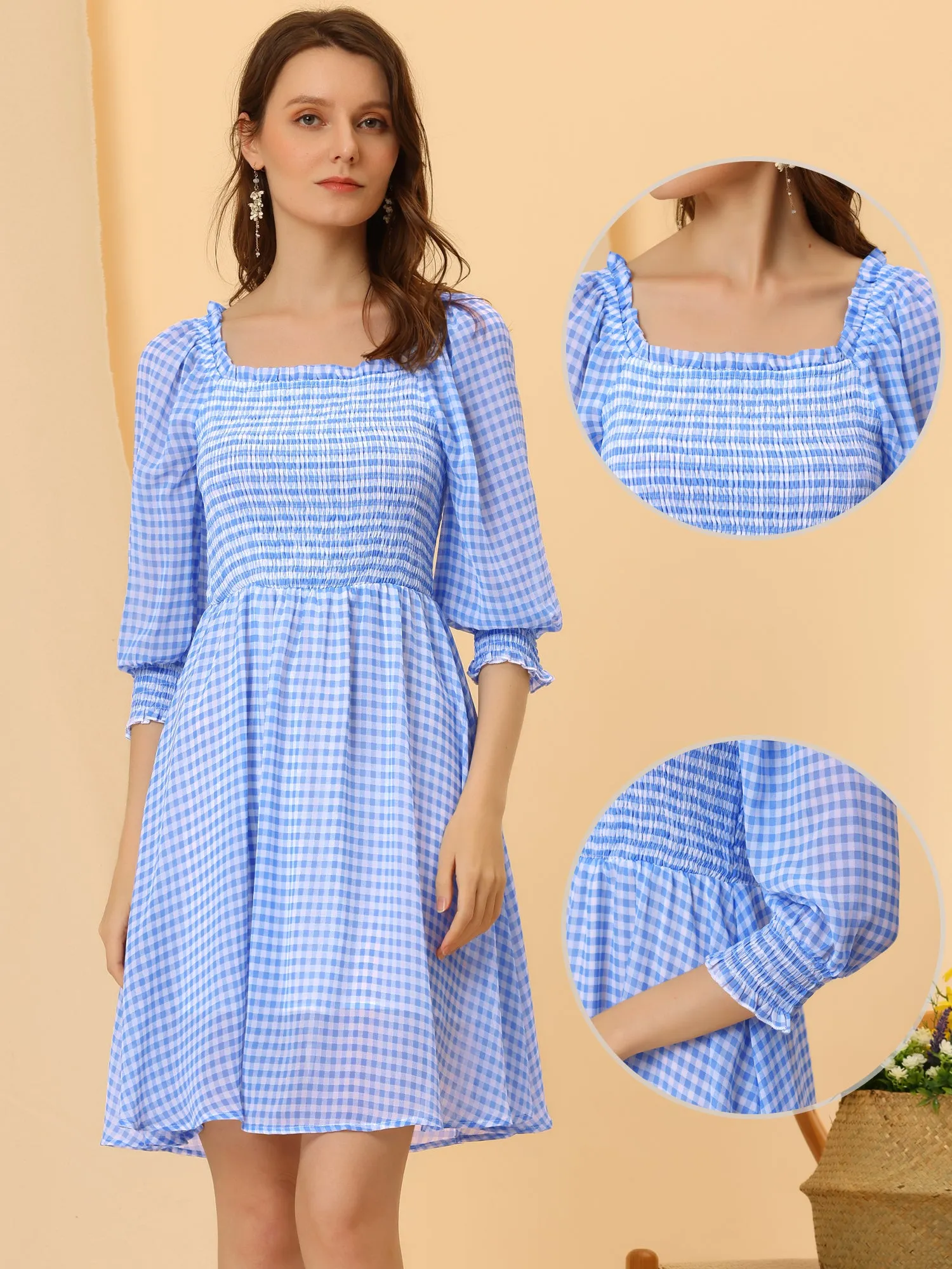 Square Neck 3/4 Sleeve Ruffle Smocked Plaid Mini Dress sold by Allegra K product image thumbnail 2