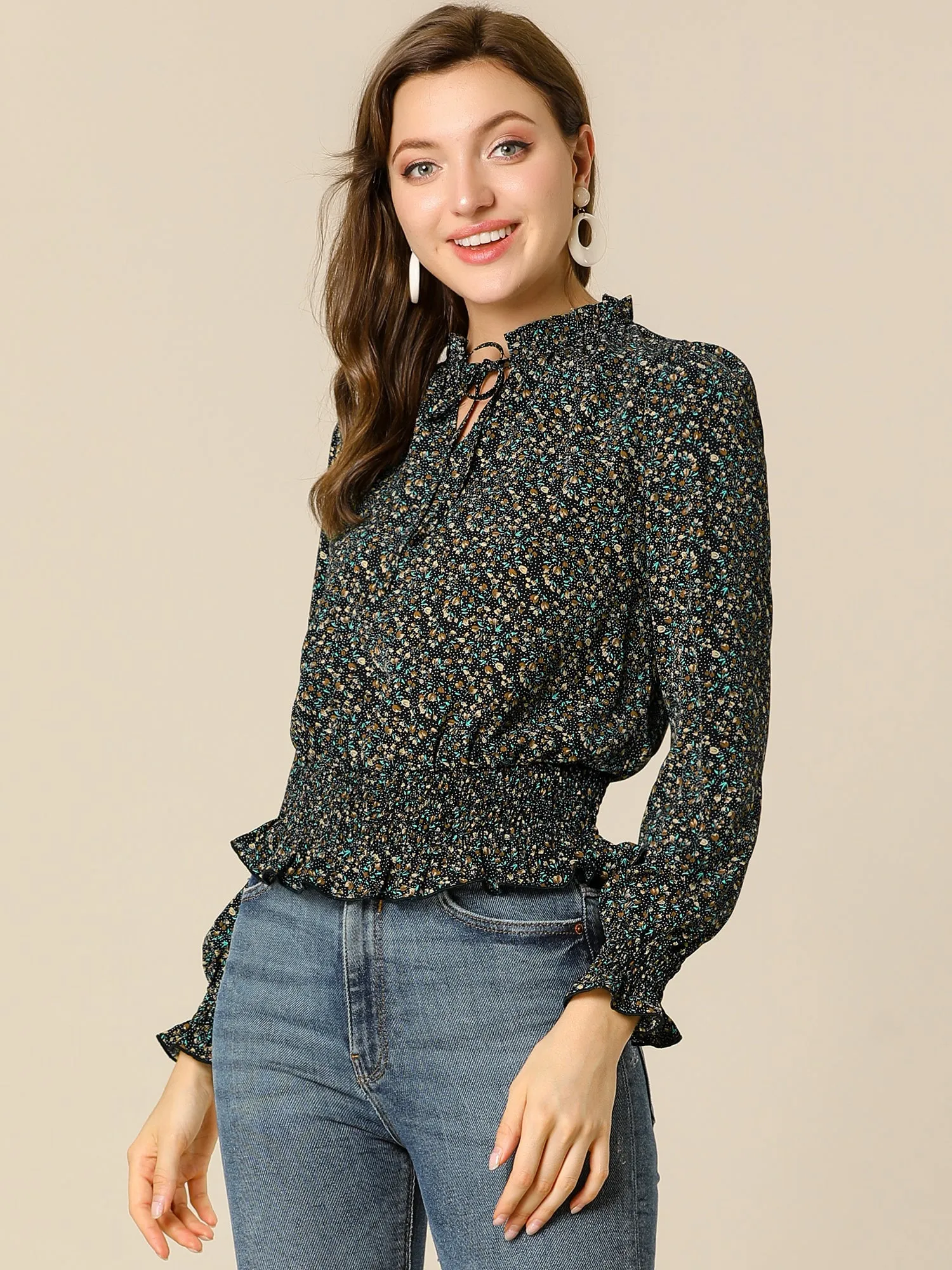 Ditsy Floral Blouse Ruffle Tie Neck Long Sleeve Peplum Smocked Tops sold by Allegra K product image thumbnail 2