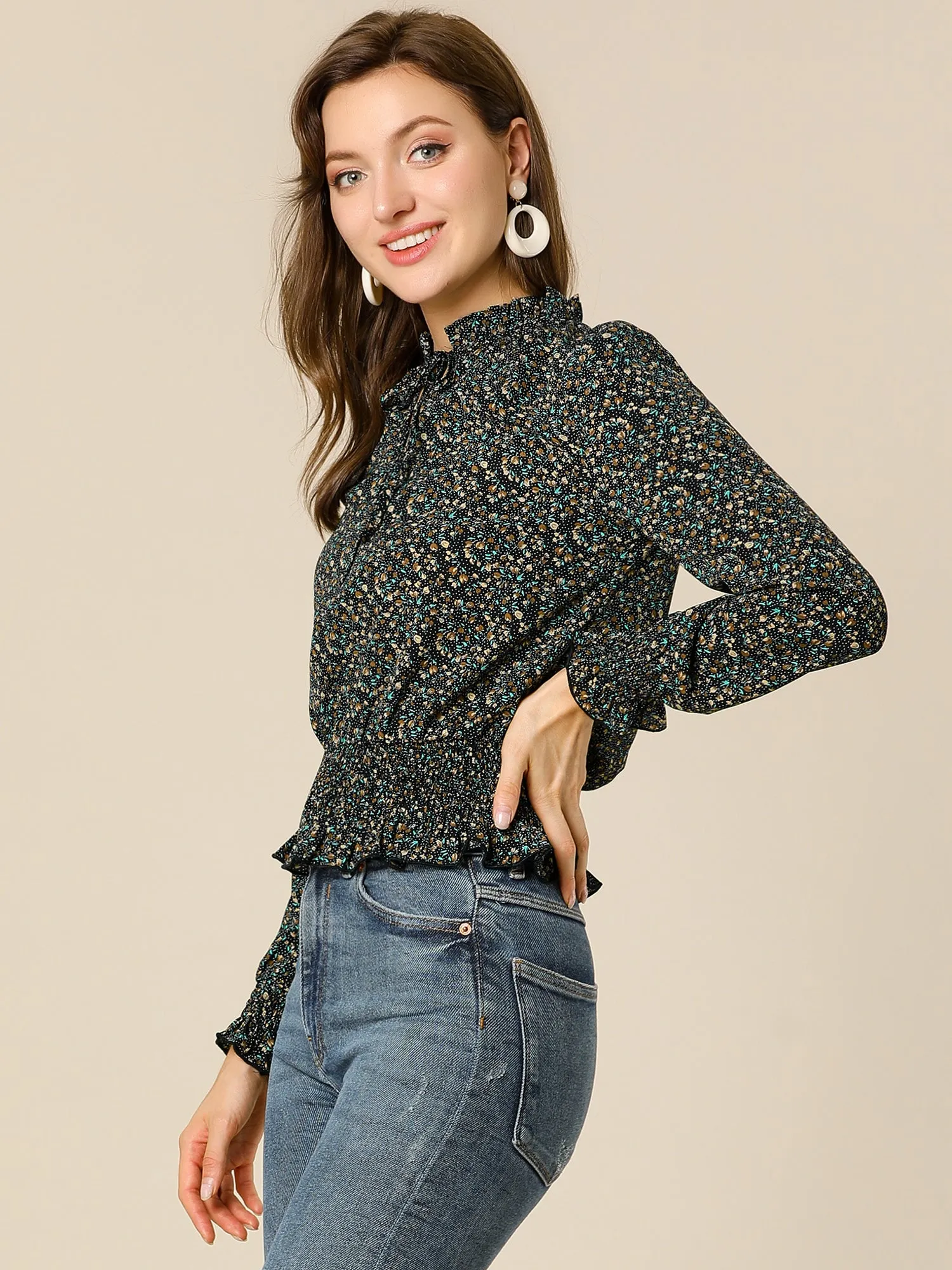Ditsy Floral Blouse Ruffle Tie Neck Long Sleeve Peplum Smocked Tops sold by Allegra K product image thumbnail 4