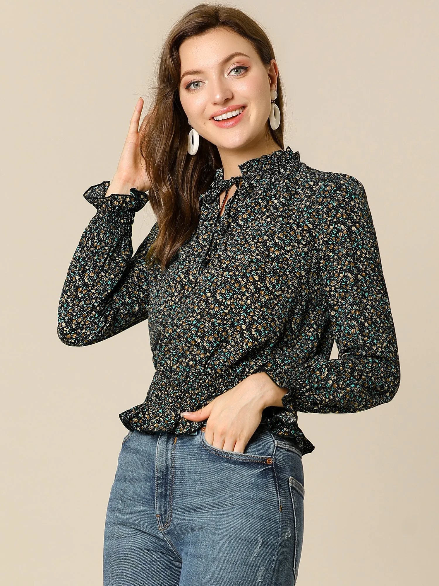 Ditsy Floral Blouse Ruffle Tie Neck Long Sleeve Peplum Smocked Tops sold by Allegra K