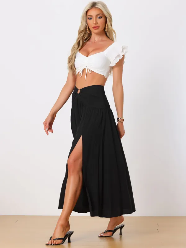 Maxi Boho Skirt Summer Flowy Smocked Waist Cutout Boho Skirt sold by Allegra K