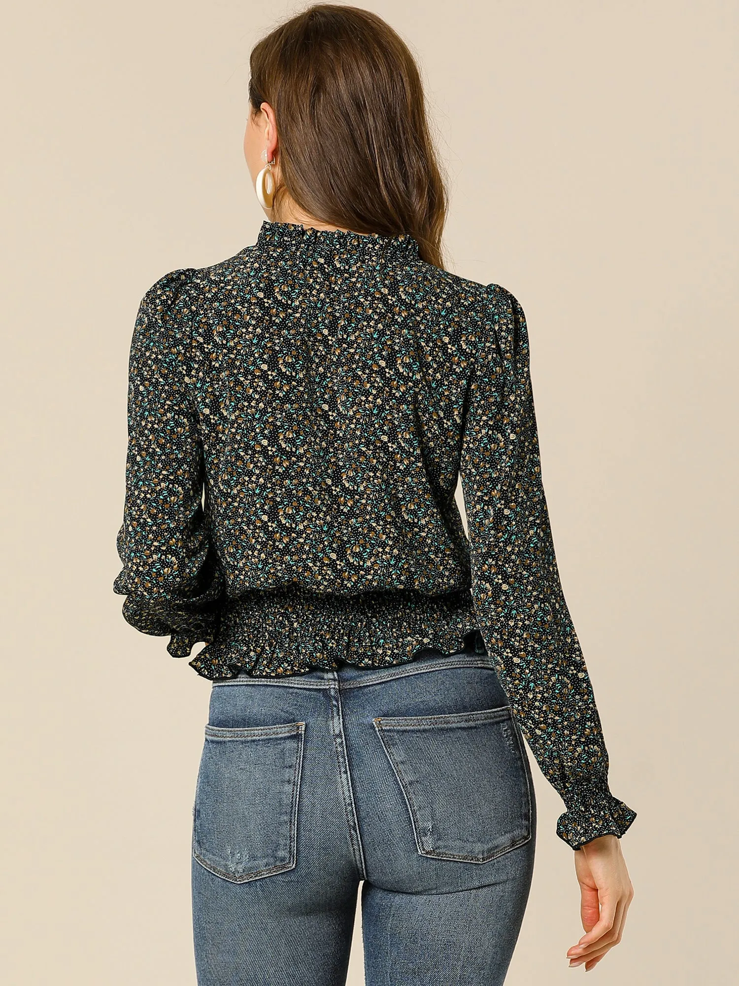 Ditsy Floral Blouse Ruffle Tie Neck Long Sleeve Peplum Smocked Tops sold by Allegra K product image thumbnail 5