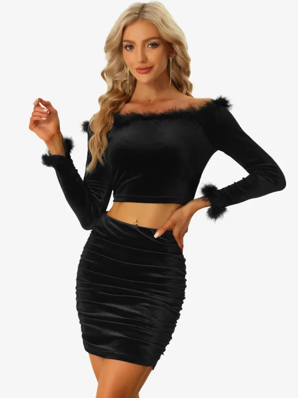 Off Shoulder Faux Fur Feather Trim Clubwear Party Velvet Crop Top sold by Allegra K