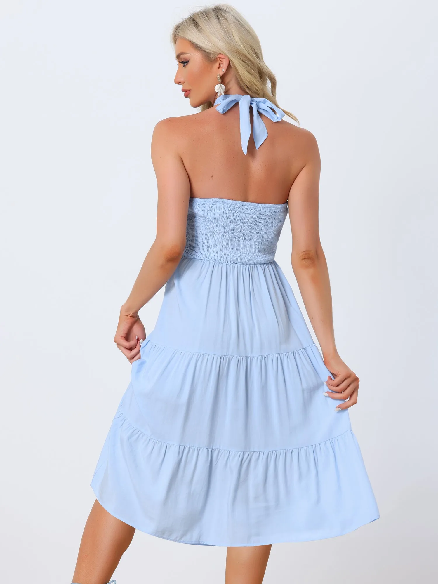 Halter Neck Smocked Sleeveless Slim Fit Vacation Midi Tiered Dress Sundress sold by Allegra K product image thumbnail 3